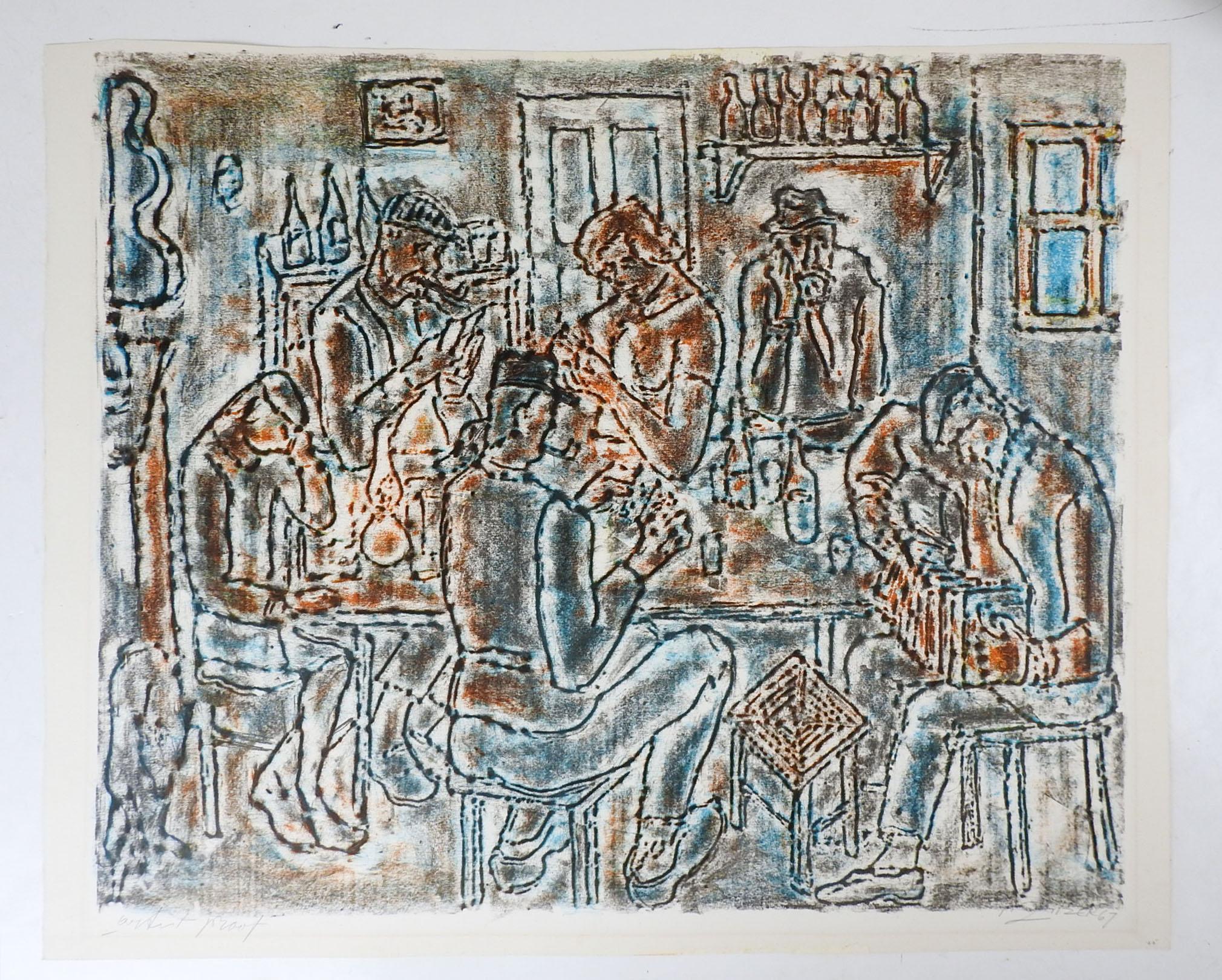 Paper Vintage 1967 Gyula Zilzer Abstract Tavern Scene For Sale