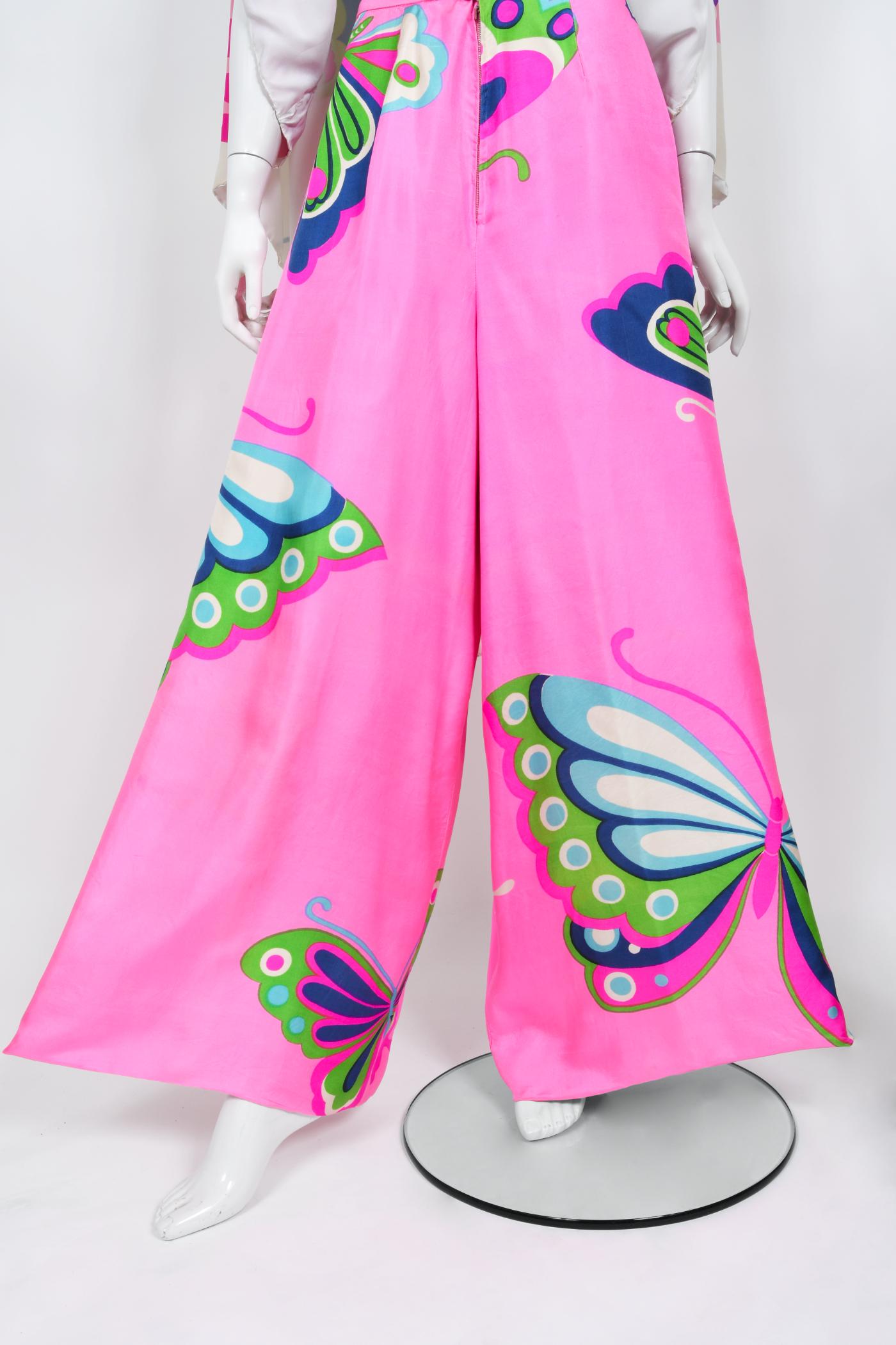 Vintage 1967 Hanae Mori Psychedelic Butterfly Print Silk Caftan Blouse & Pants 6