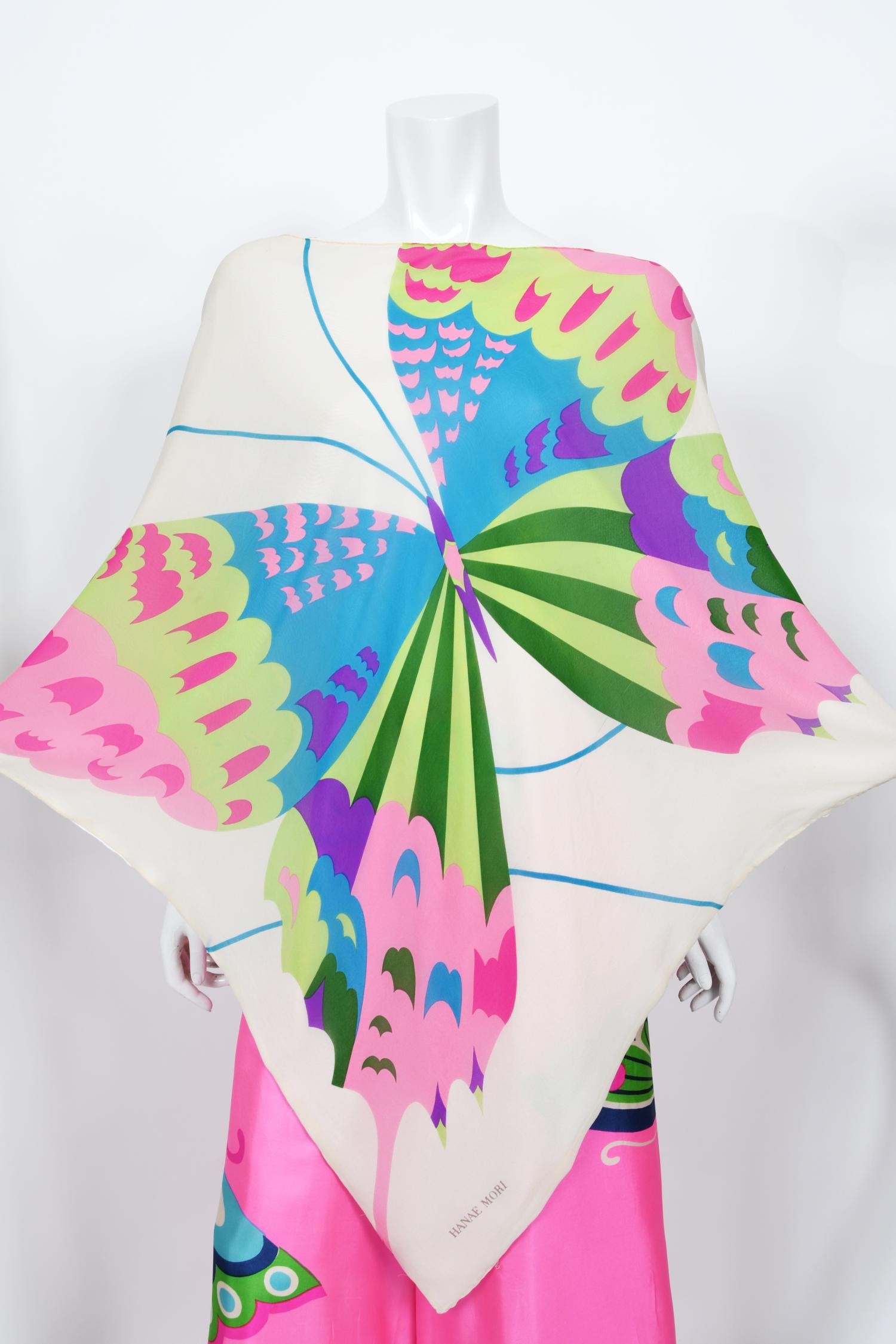 Vintage 1967 Hanae Mori Psychedelic Butterfly Print Silk Caftan Blouse & Pants 9