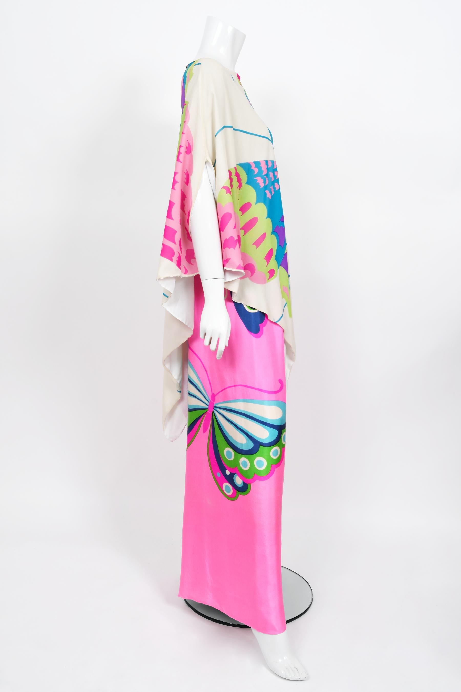 Vintage 1967 Hanae Mori Psychedelic Butterfly Print Silk Caftan Blouse & Pants 2