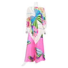 Retro 1967 Hanae Mori Psychedelic Butterfly Print Silk Caftan Blouse & Pants