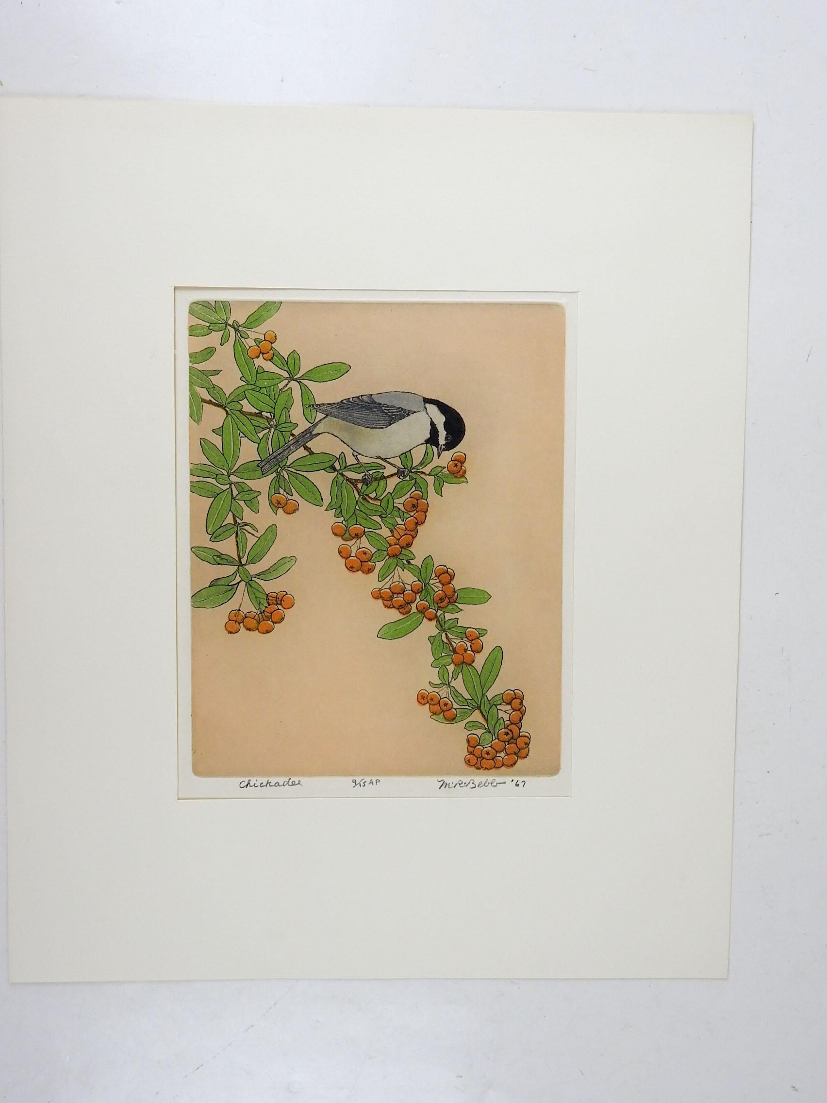 Vintage 1967 Maurice R. Bebbs (1891-1985) color aquatint etching on paper. Signed, titled Chickadee, numbered 9/15 artist proof in pencil along lower margin. Unframed, displayed in folded cardstock mat, opening size 7.7.5