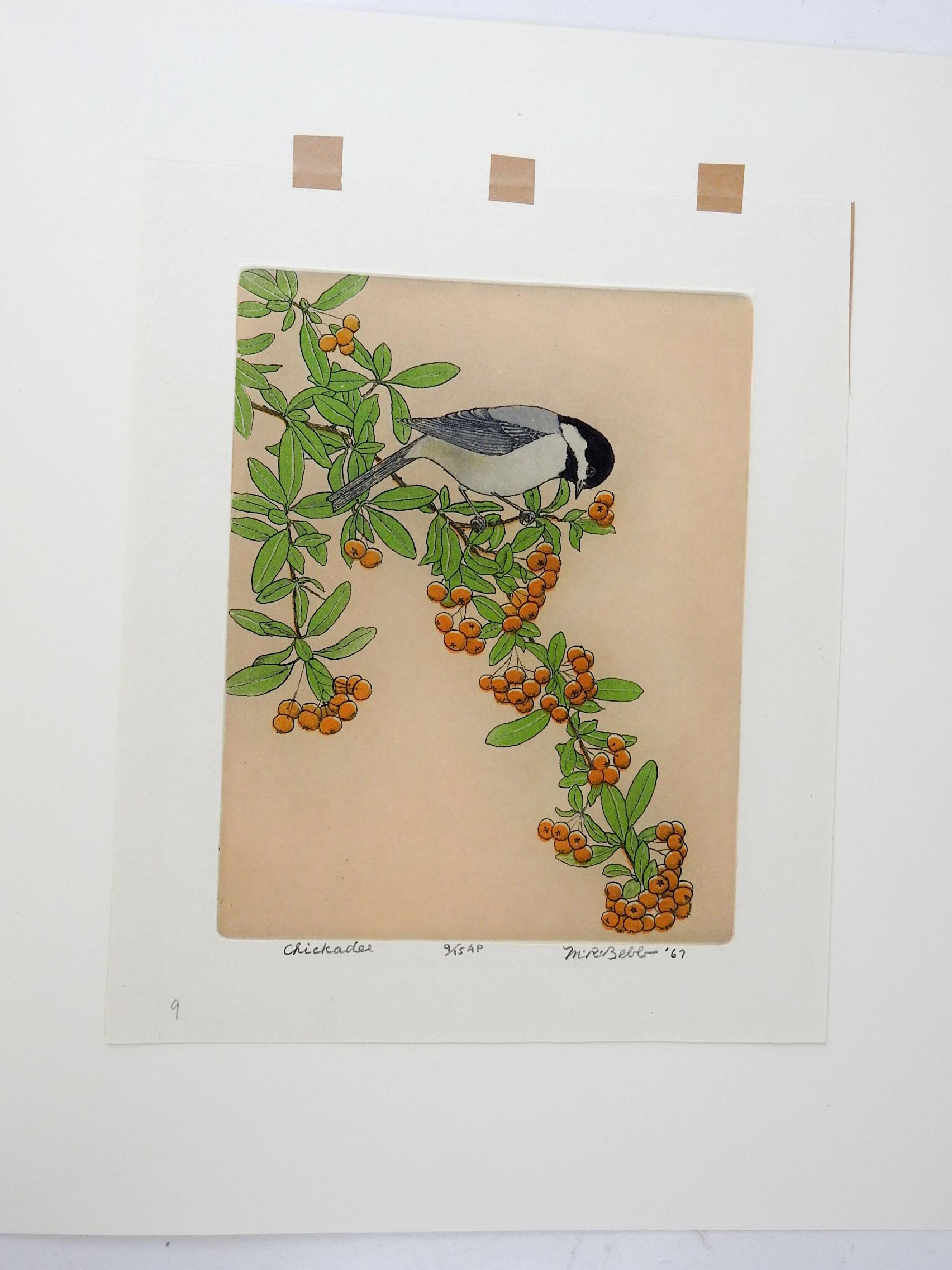 American Vintage 1967 Maurie Bebb Chickadee Aquatint Etching For Sale