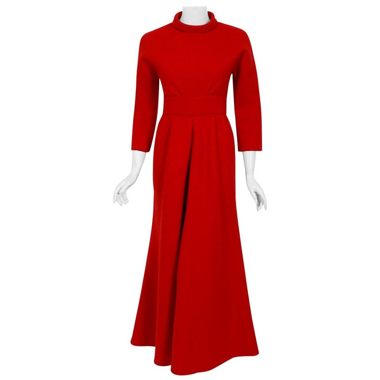 Vintage 1967 Nina Ricci Haute Couture Documented Ruby Red Wool Mod Jumpsuit For Sale