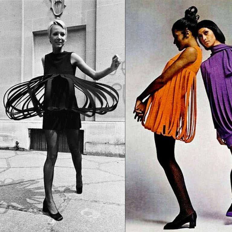 Spectacular 1967 Pierre Cardin museum quality documented carwash dress in a rich fully-lined orange wool-crepe. In 1951 Cardin opened his own couture house and by 1957, he started a ready-to-wear line; a bold move for a French couturier at the time.