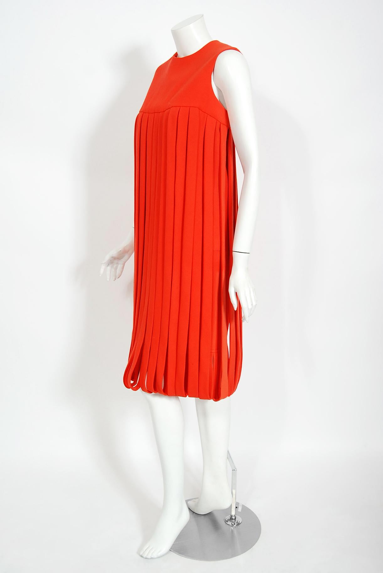 Red Vintage 1967 Pierre Cardin Documented Orange Wool Space-Age Mod Carwash Dress