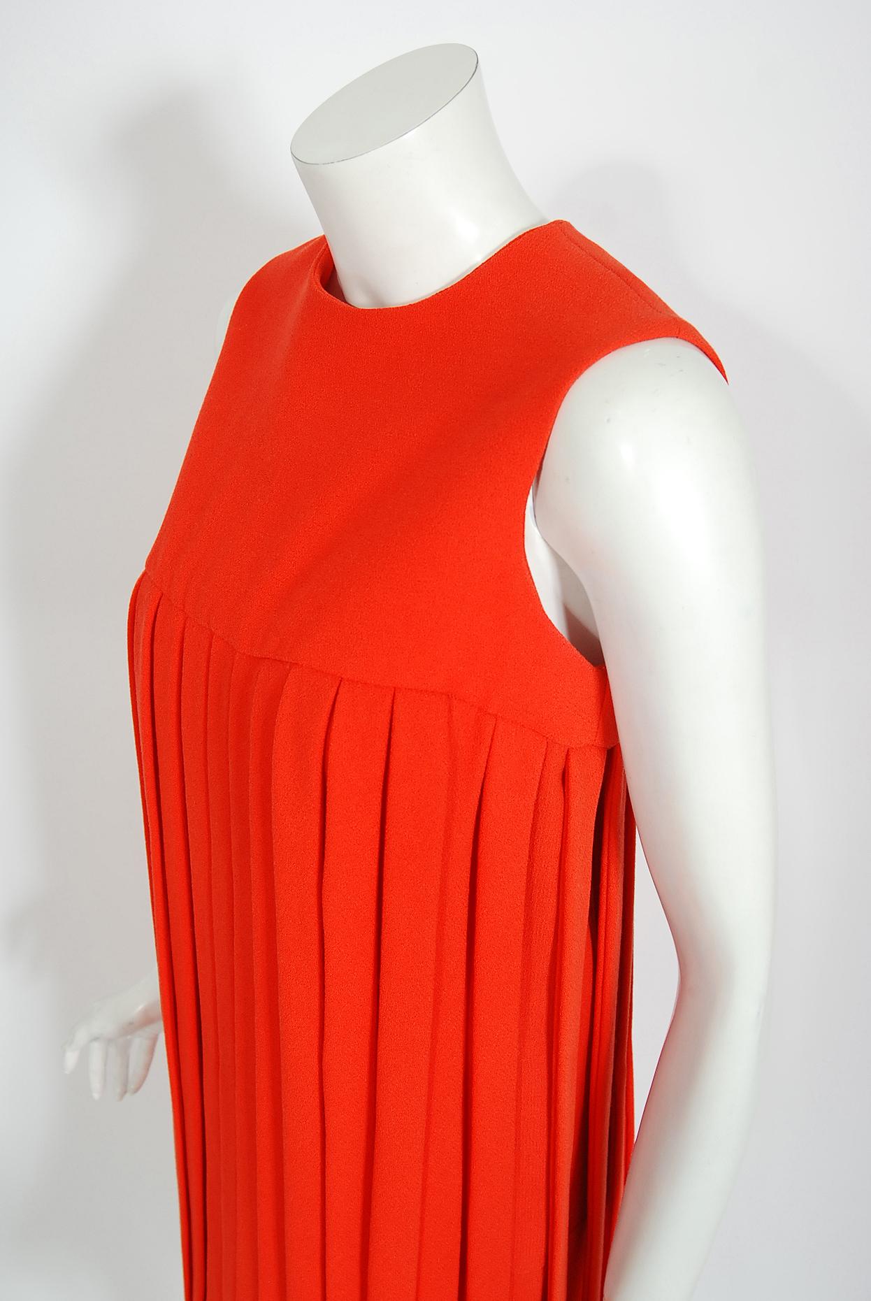 Vintage 1967 Pierre Cardin Documented Orange Wool Space-Age Mod Carwash Dress In Good Condition In Beverly Hills, CA