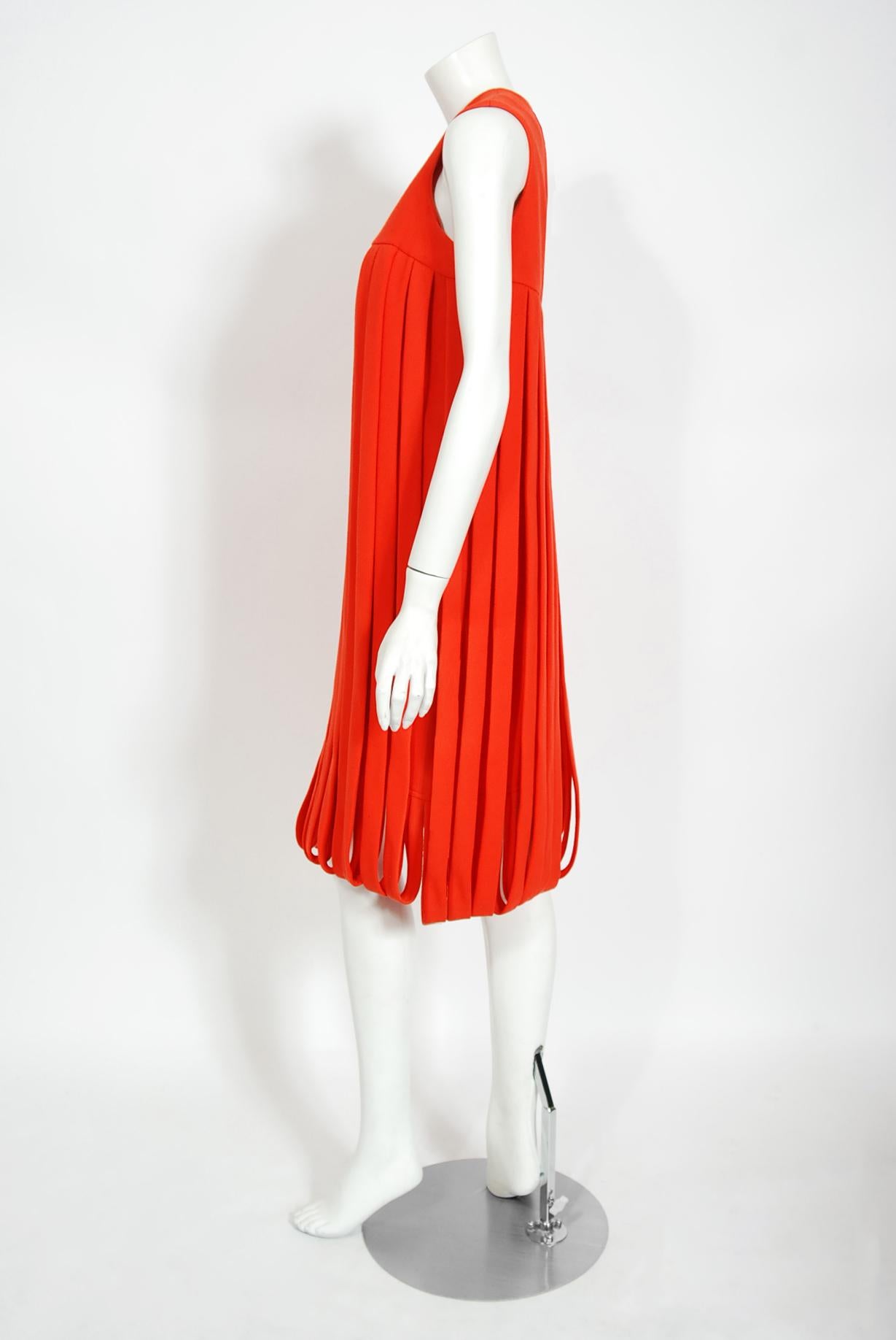 Women's Vintage 1967 Pierre Cardin Documented Orange Wool Space-Age Mod Carwash Dress