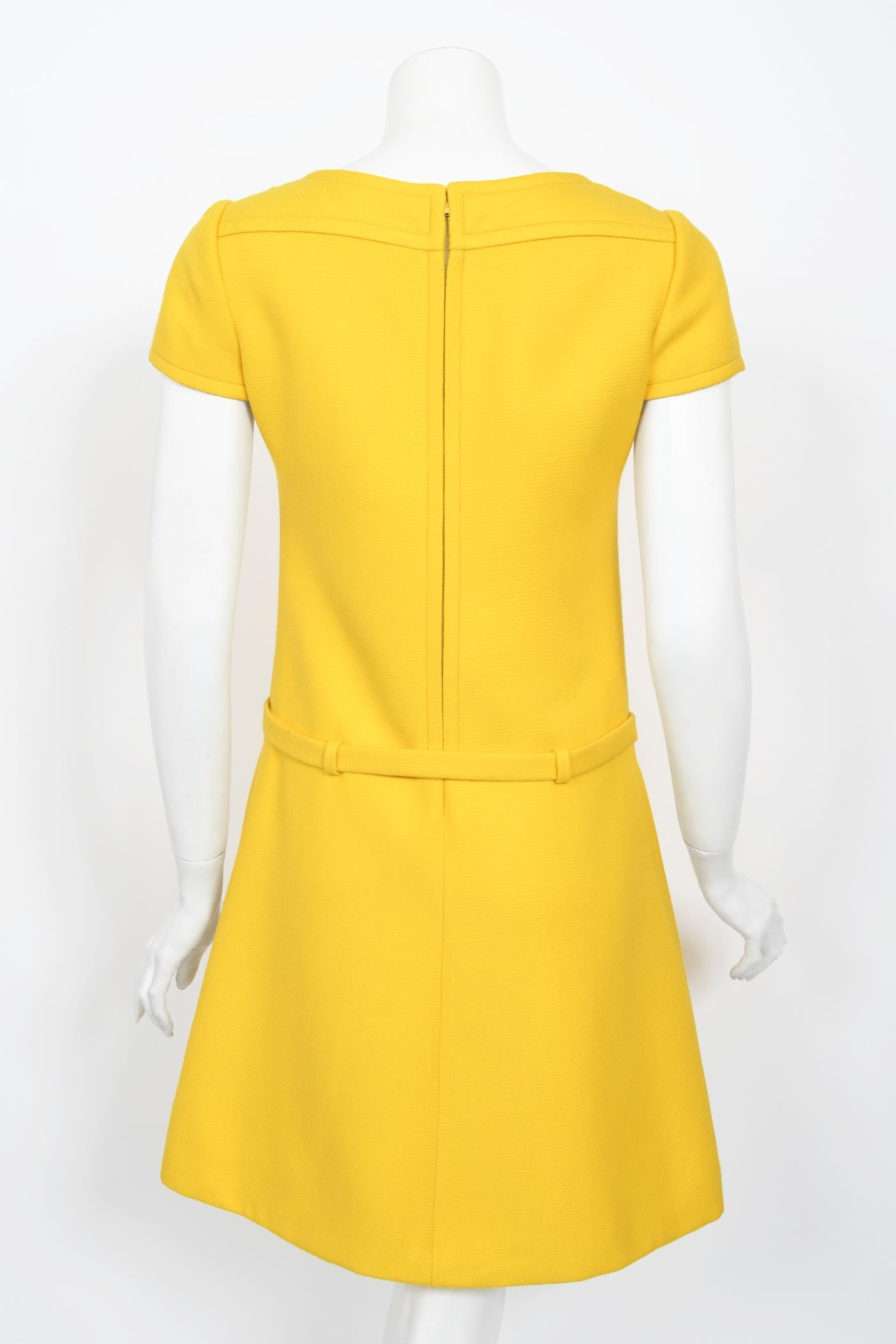 Vintage 1968 André Courrèges Paris Couture Yellow Wool Belt Space-Age Mod Dress 10