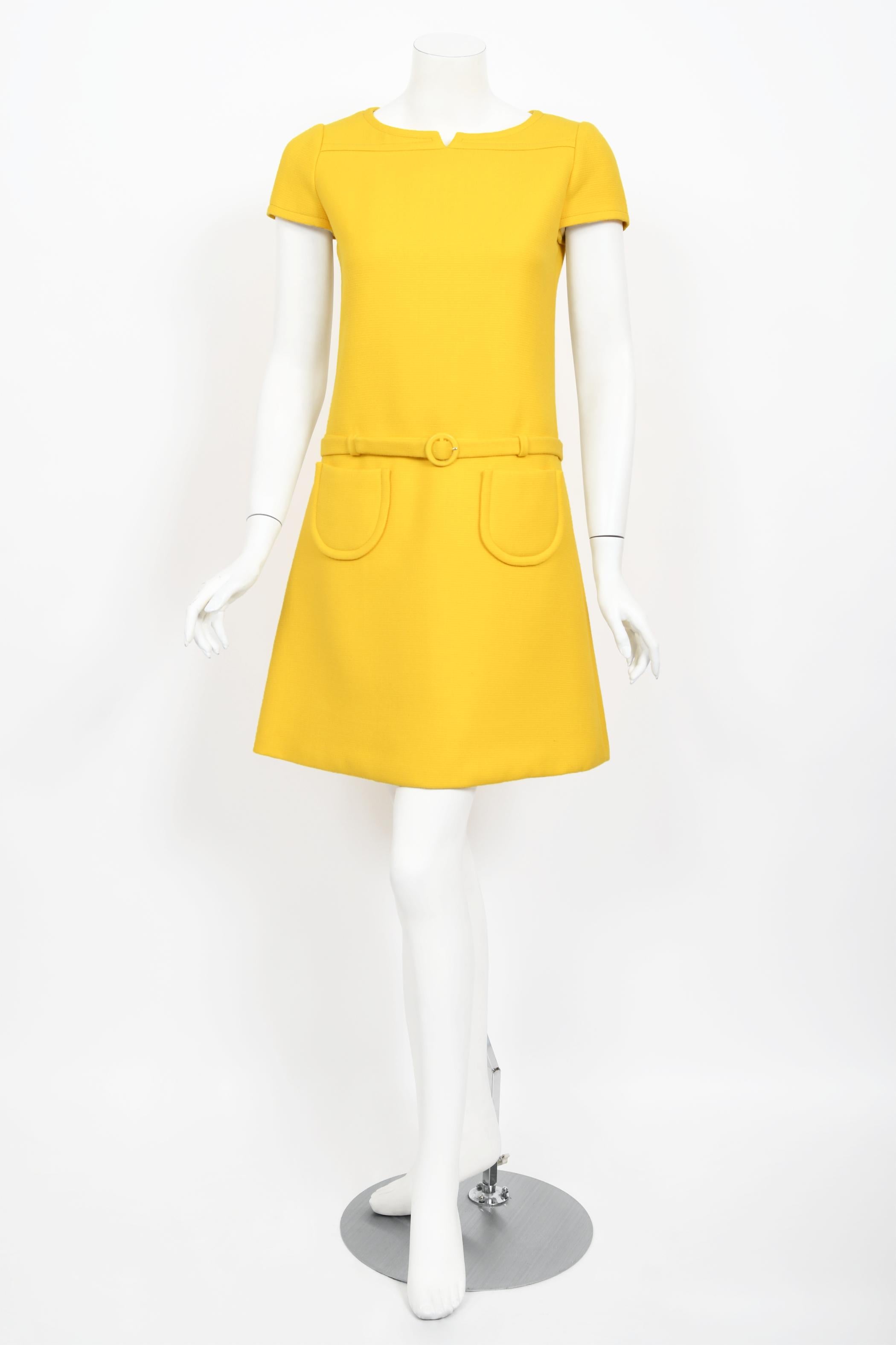 Vintage 1968 André Courrèges Paris Couture Yellow Wool Belt Space-Age Mod Dress In Good Condition In Beverly Hills, CA