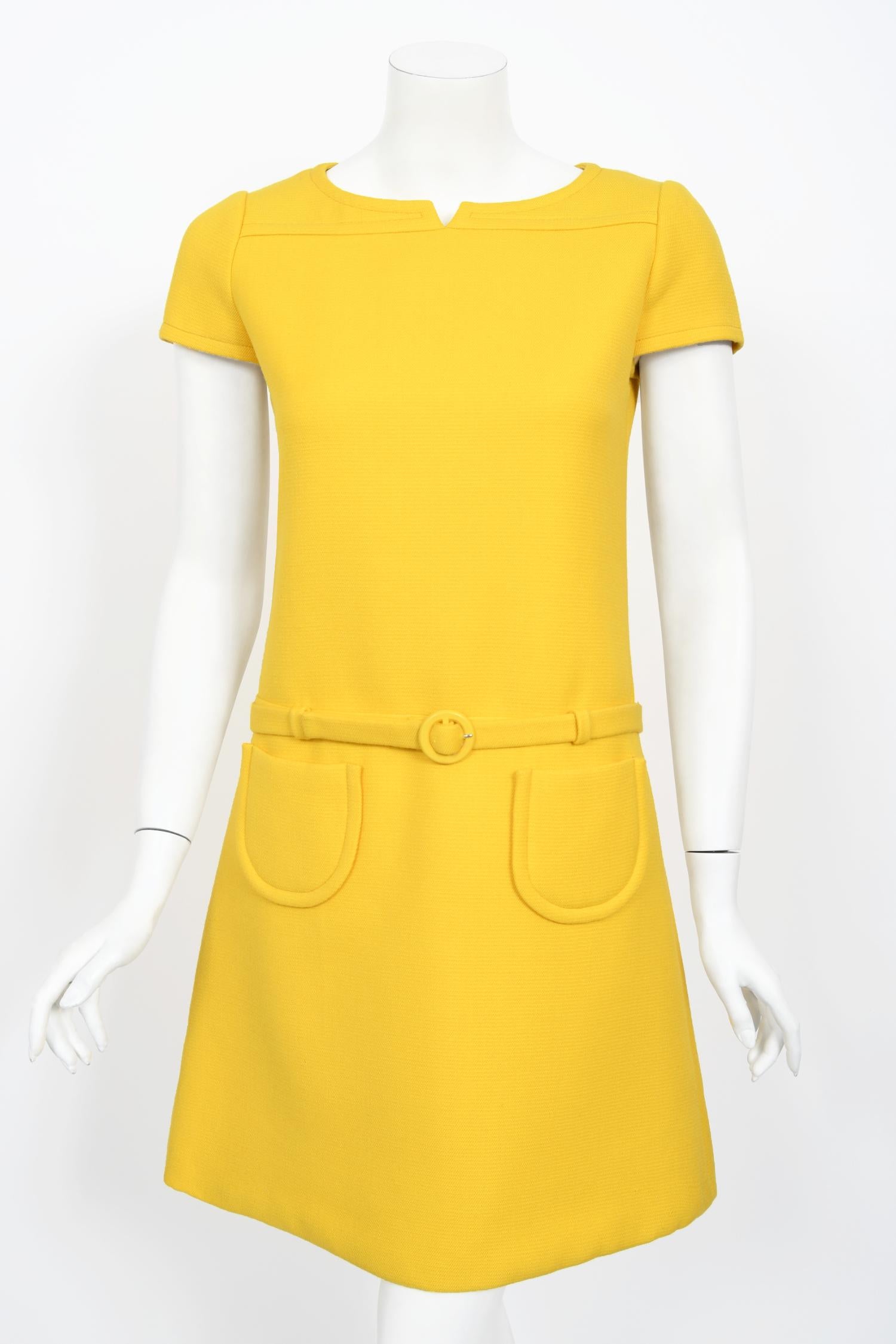 Women's Vintage 1968 André Courrèges Paris Couture Yellow Wool Belt Space-Age Mod Dress