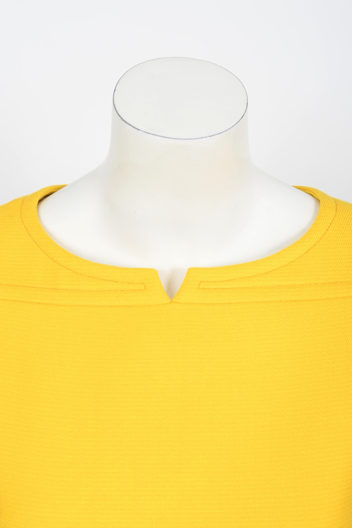 Vintage 1968 André Courrèges Paris Couture Yellow Wool Belt Space-Age Mod Dress 1