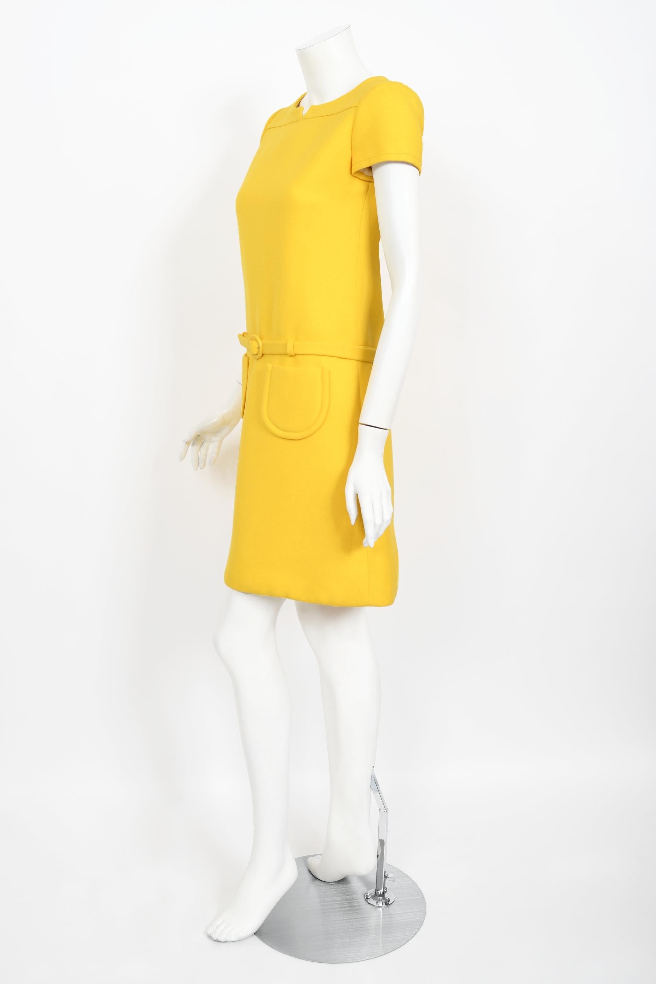 Vintage 1968 André Courrèges Paris Couture Yellow Wool Belt Space-Age Mod Dress 3