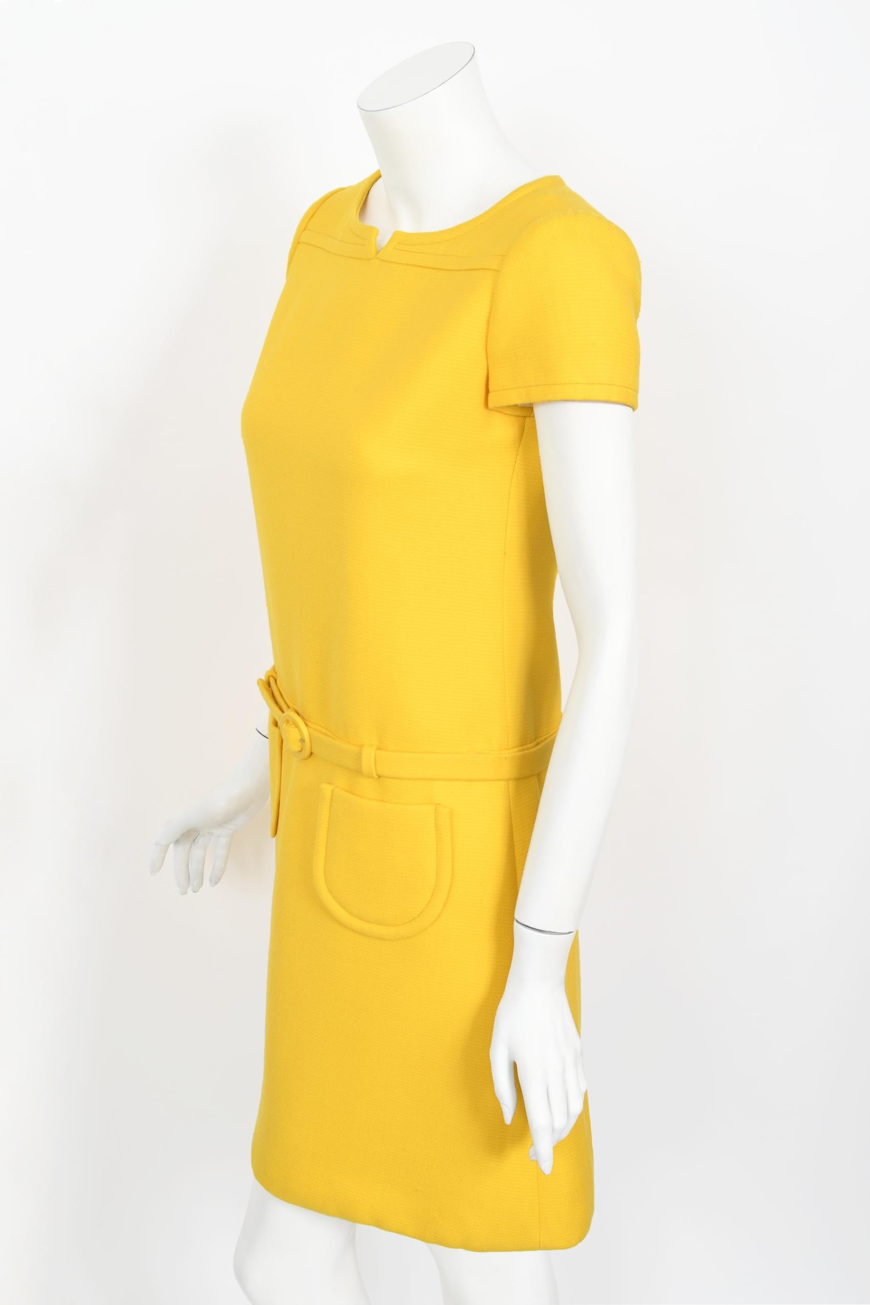 Vintage 1968 André Courrèges Paris Couture Yellow Wool Belt Space-Age Mod Dress 4