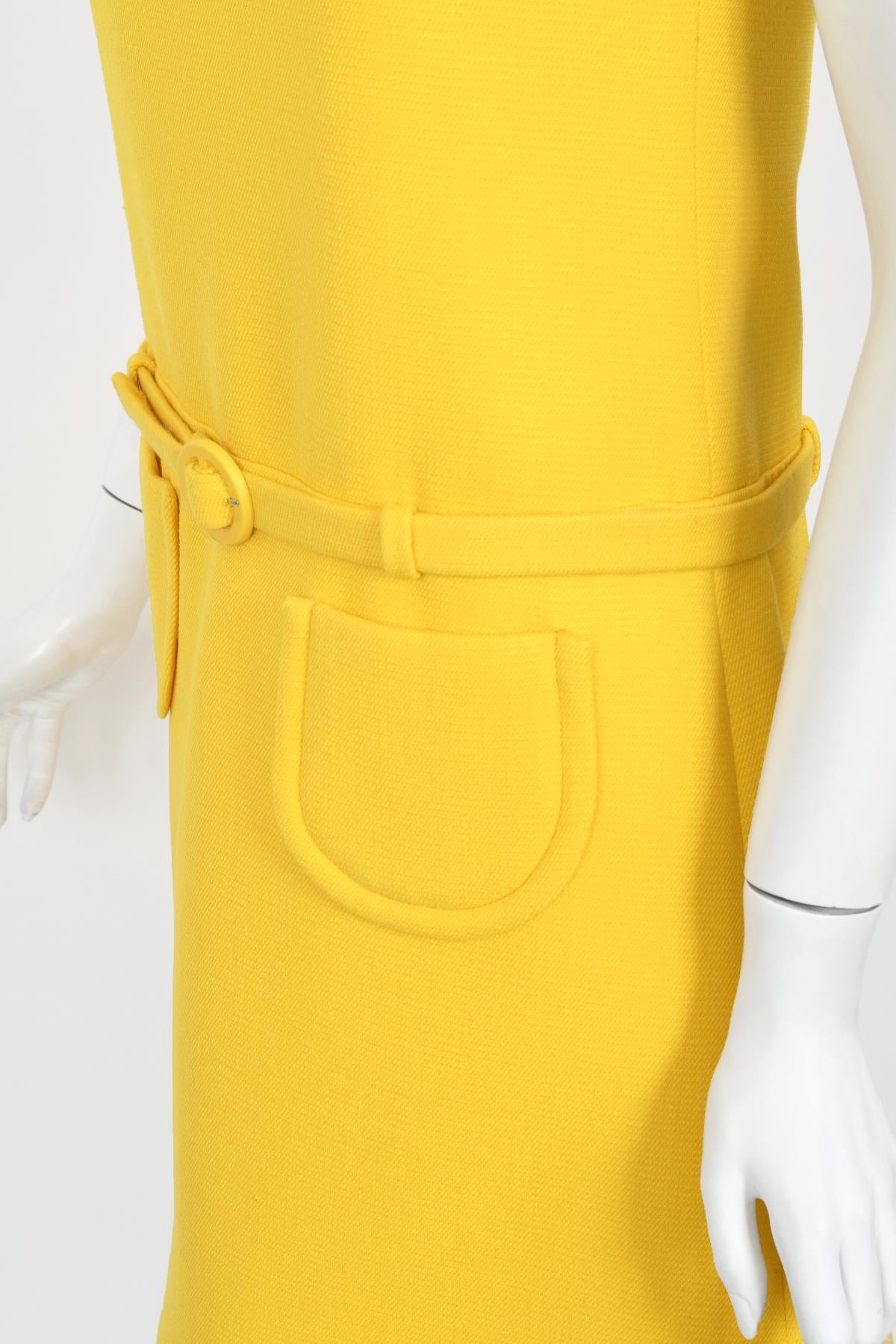 Vintage 1968 André Courrèges Paris Couture Yellow Wool Belt Space-Age Mod Dress 5