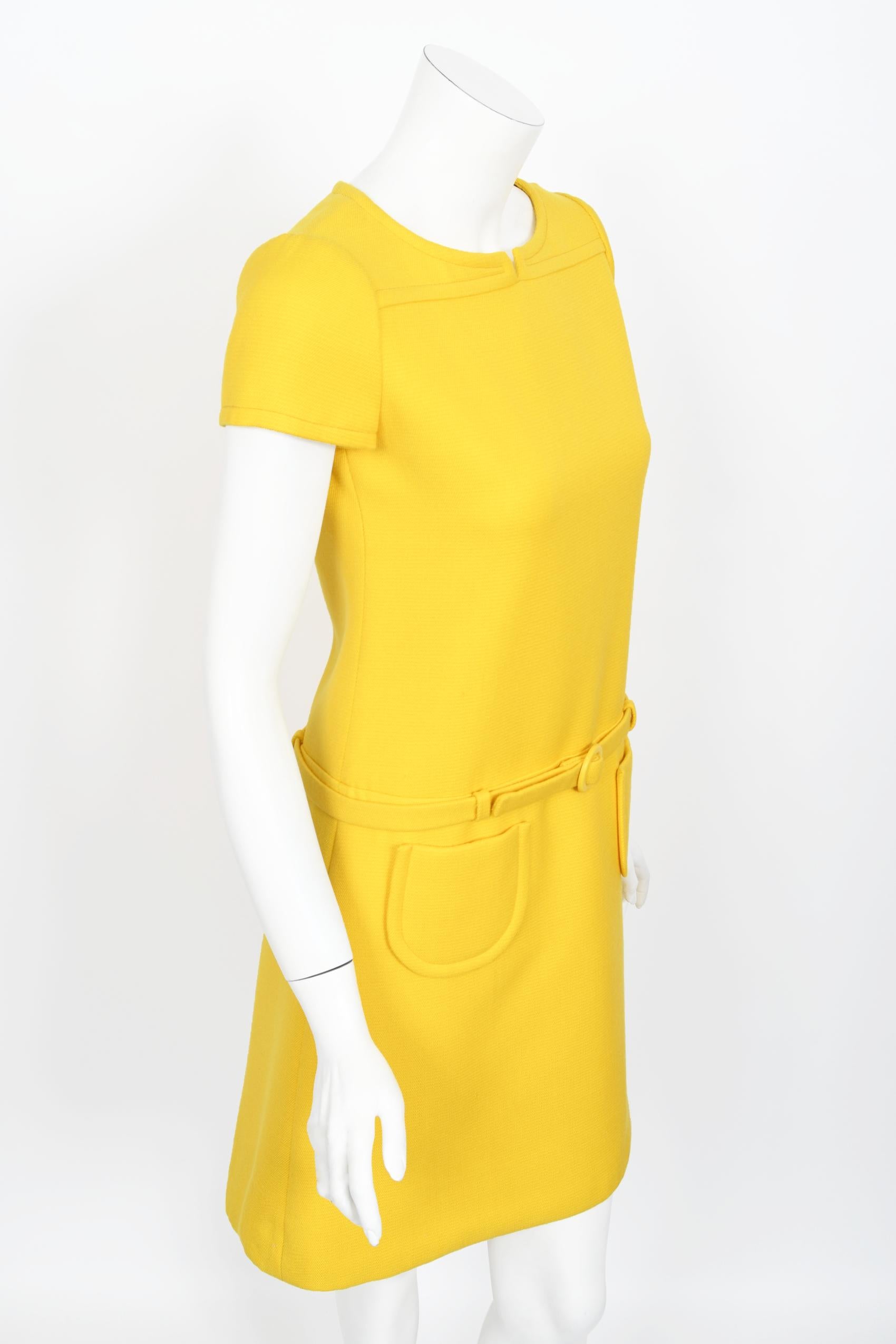 Vintage 1968 André Courrèges Paris Couture Yellow Wool Belt Space-Age Mod Dress 6
