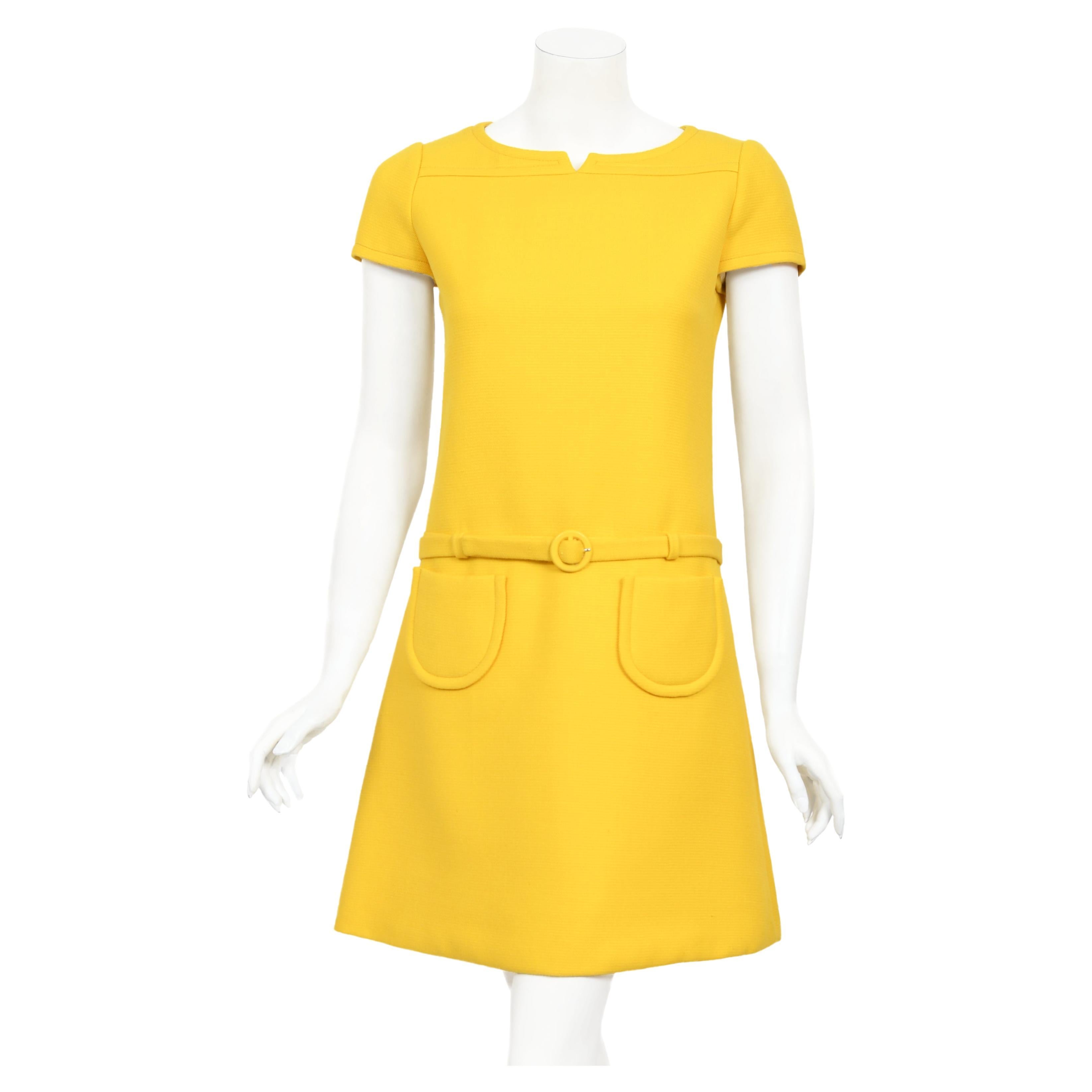 Vintage 1968 André Courrèges Paris Couture Yellow Wool Belt Space-Age Mod Dress