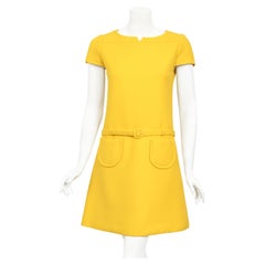 Retro 1968 André Courrèges Paris Couture Yellow Wool Belt Space-Age Mod Dress