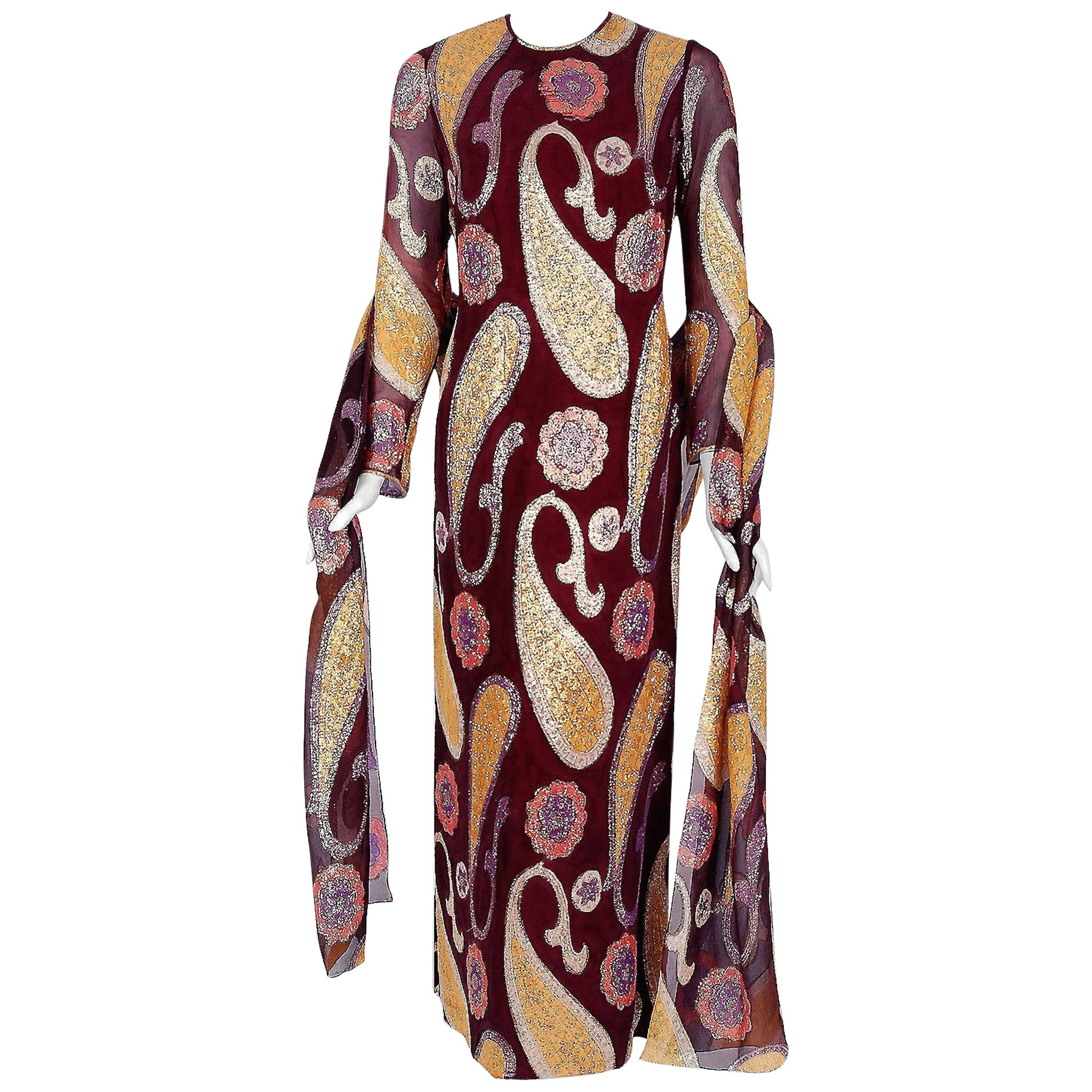 Vintage 1968 Arnold Scaasi Couture Metallic Paisley Silk Long-Sleeve Gown & Wrap