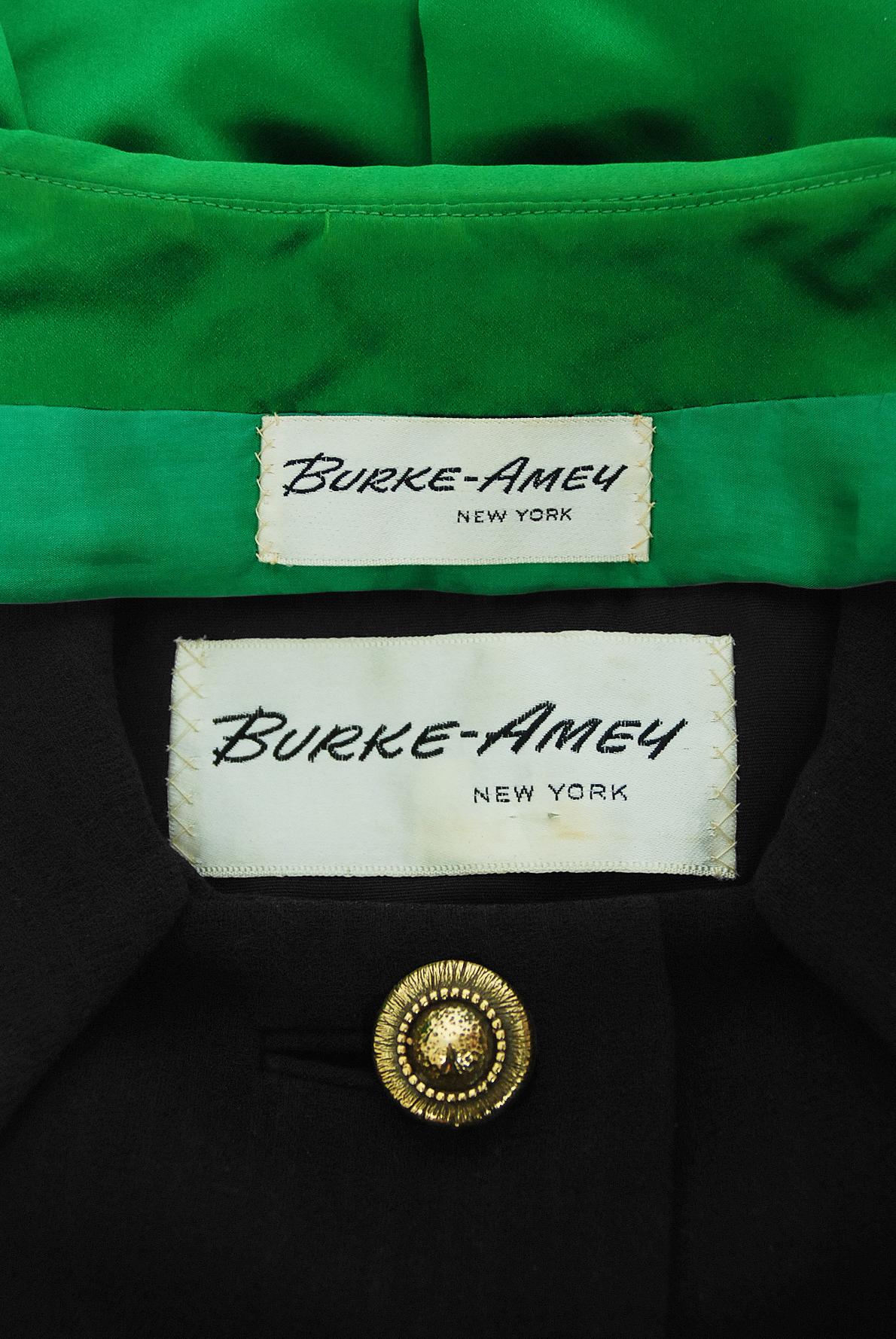 Vintage 1960s Burke-Amey Couture Black Wool Green Silk Appliqué 3-Pieces Mod Suit en vente 10