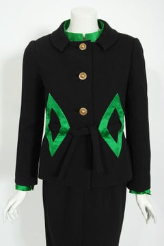 Vintage 1960s Burke Amey Couture Black Wool Green Silk Appliqué 3-Piece Mod Suit