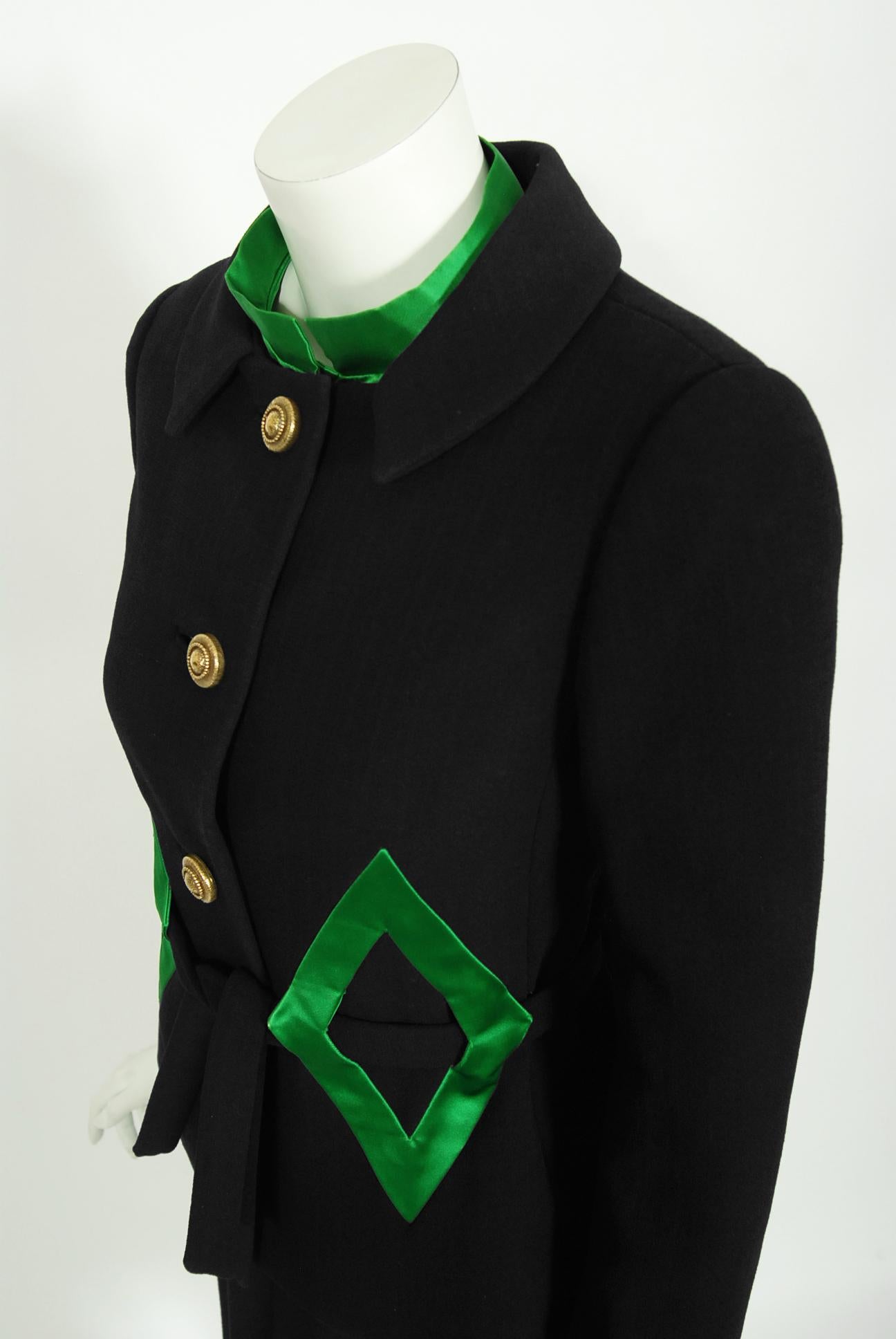 Women's Vintage 1960s Burke Amey Couture Black Wool Green Silk Appliqué 3-Piece Mod Suit For Sale
