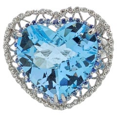 Bague en or blanc 18 carats avec topaze bleue, saphir bleu et diamant de 19,68 carats