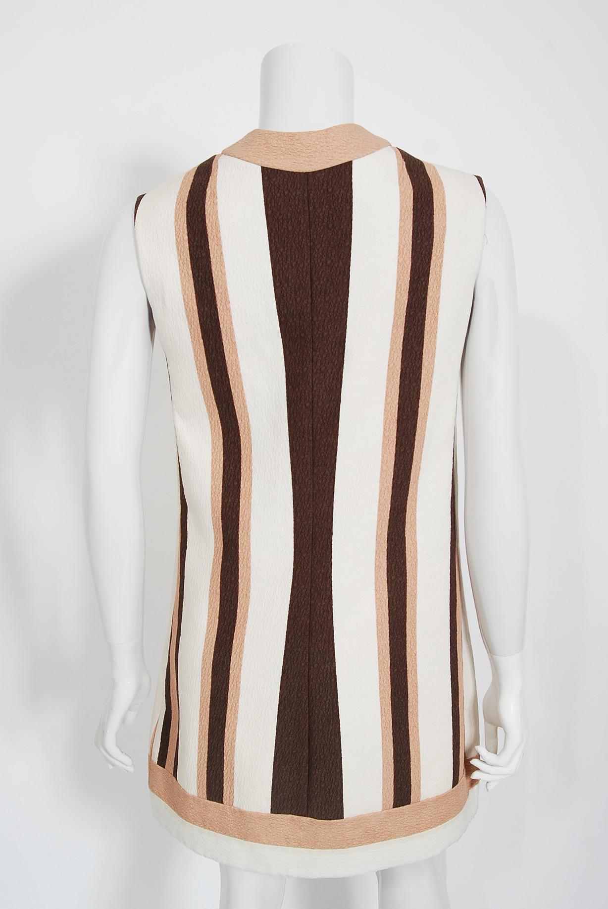 Vintage 1968 Gucci Couture Cotton-Pique Striped Ivory Pink Mod Mini Tunic Dress For Sale 2