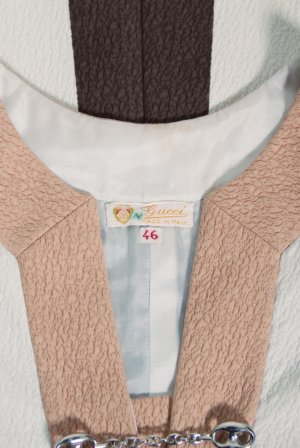 Gucci Couture Baumwoll-Pique gestreiftes elfenbeinfarbenes und rosafarbenes Mod-Mini-Tunikakleid, 1968 6
