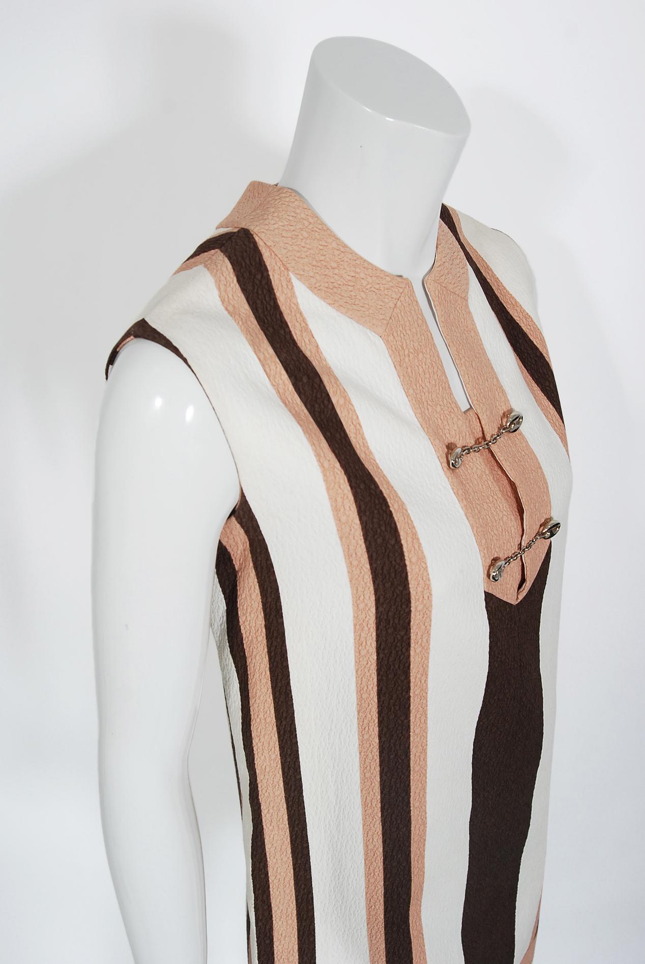 White Vintage 1968 Gucci Couture Cotton-Pique Striped Ivory Pink Mod Mini Tunic Dress For Sale