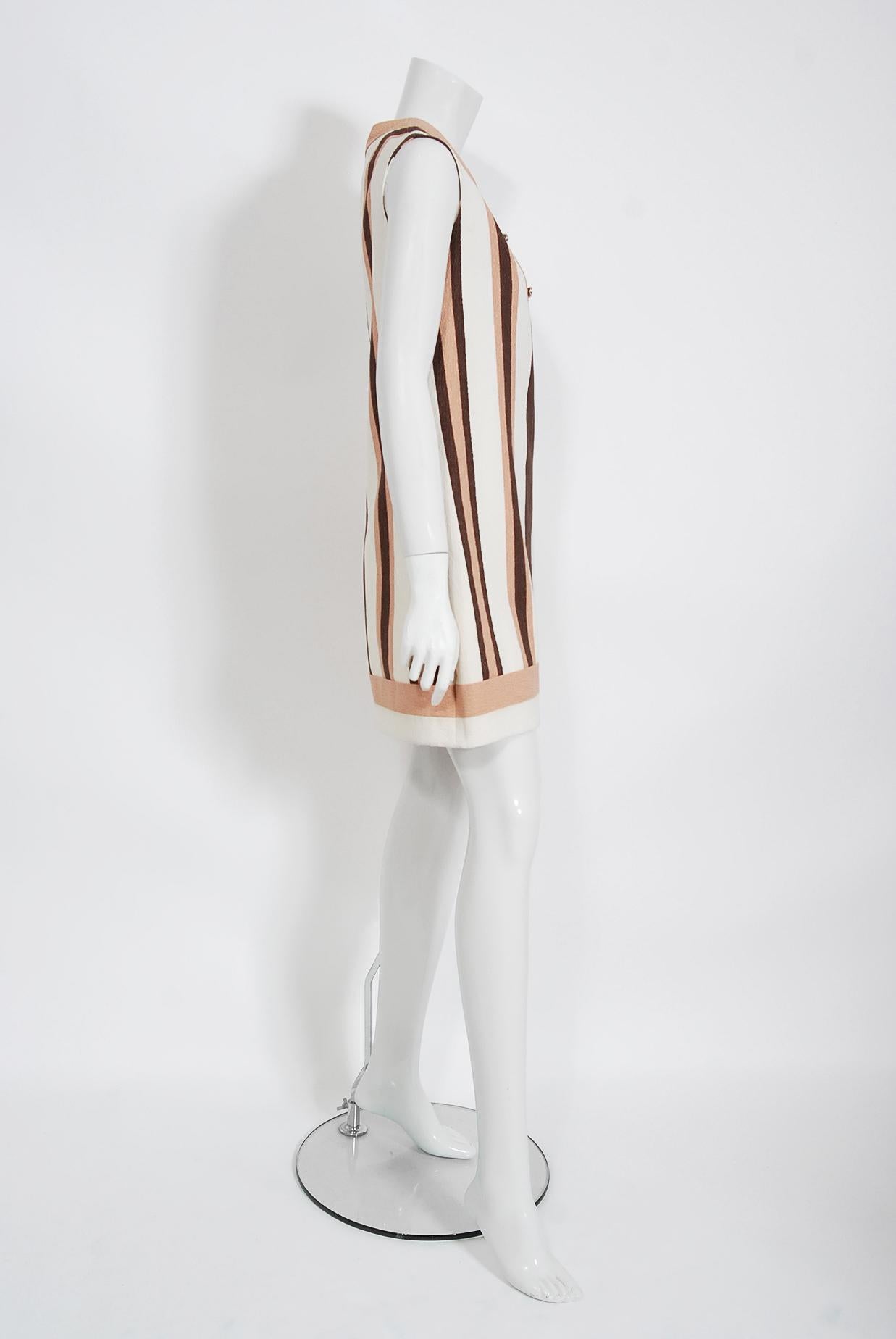 Gucci Couture Baumwoll-Pique gestreiftes elfenbeinfarbenes und rosafarbenes Mod-Mini-Tunikakleid, 1968 2