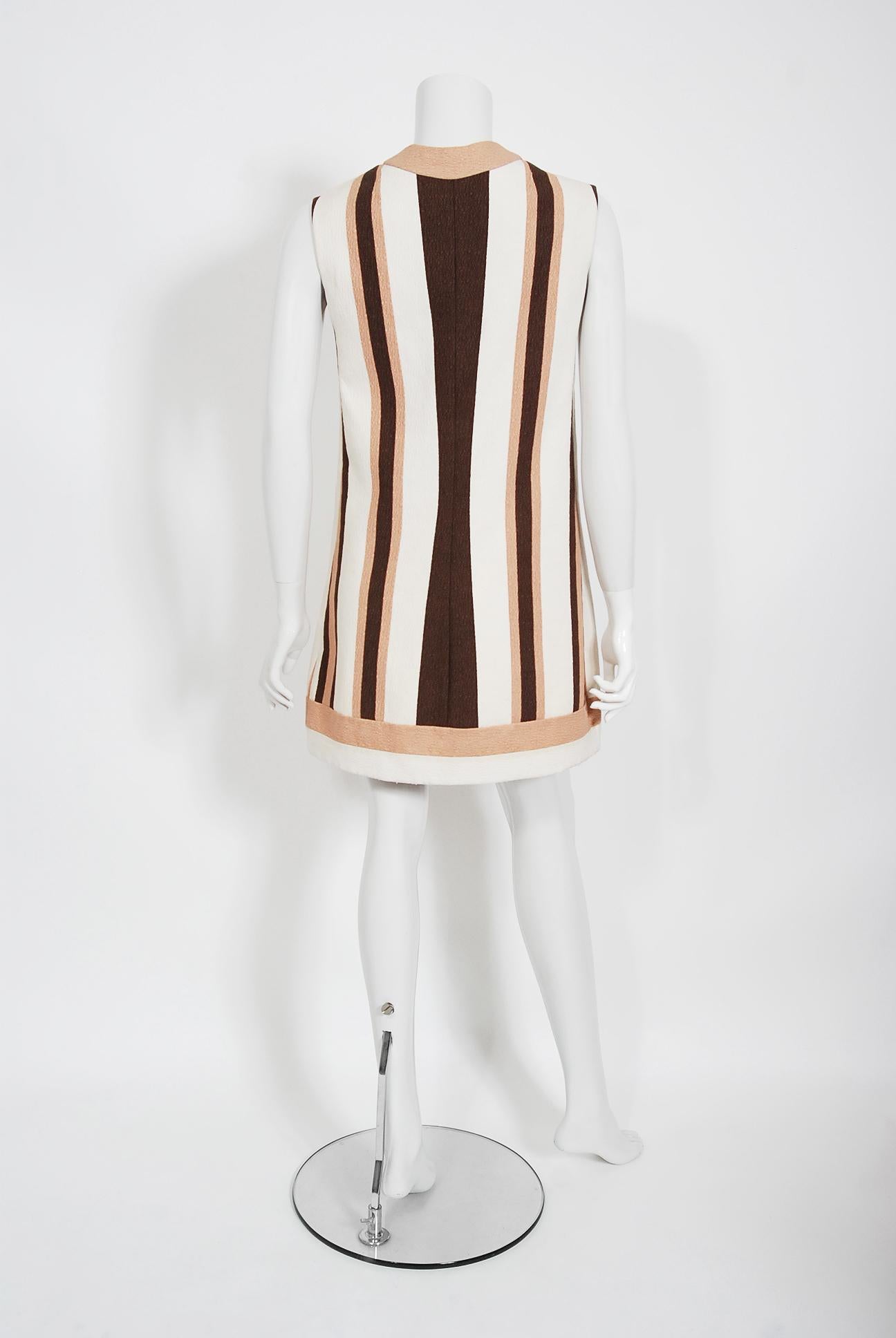 Vintage 1968 Gucci Couture Cotton-Pique Striped Ivory Pink Mod Mini Tunic Dress For Sale 1