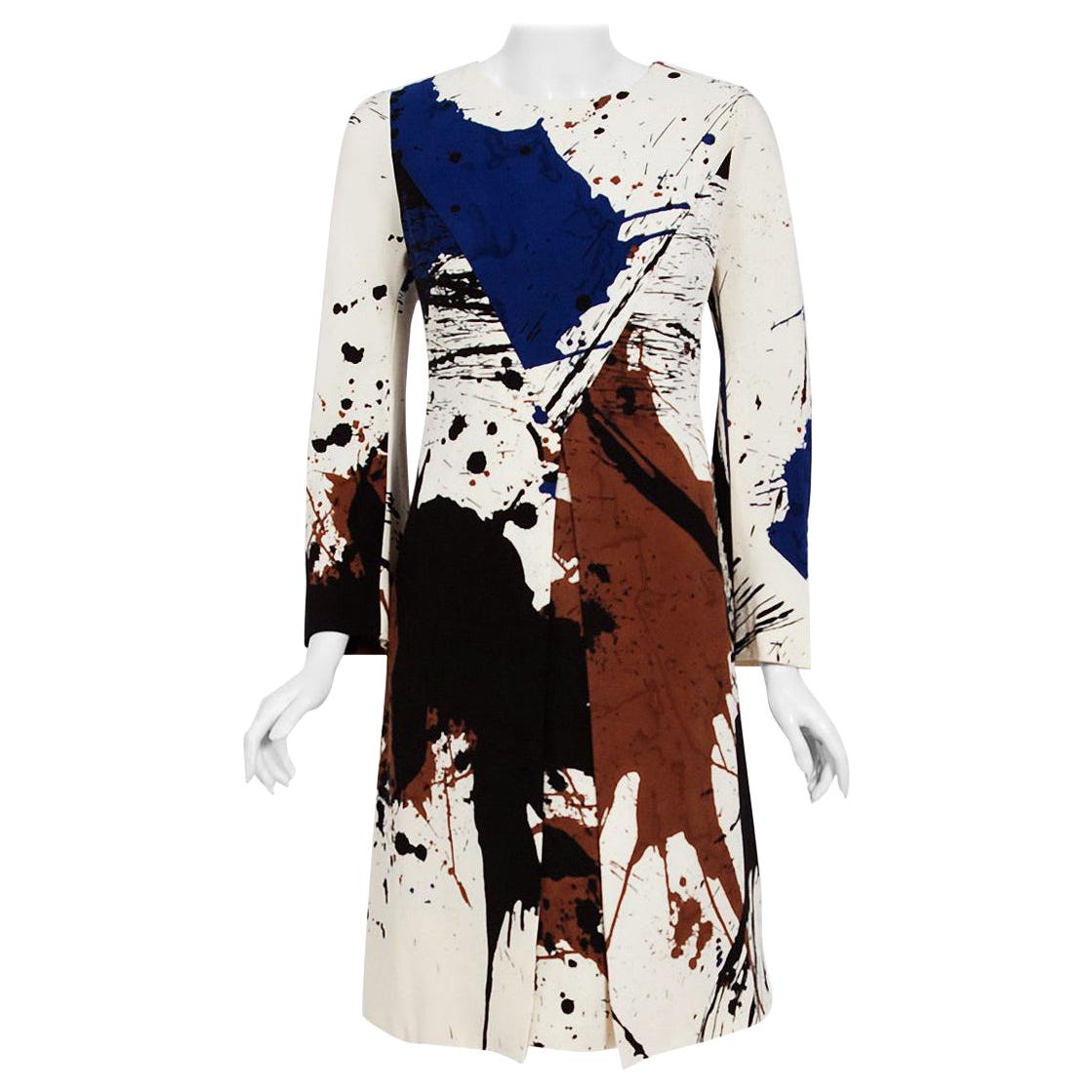 Vintage 1968 Hanae Mori Couture Abstract Splatter Print Silk Long-Sleeve Dress