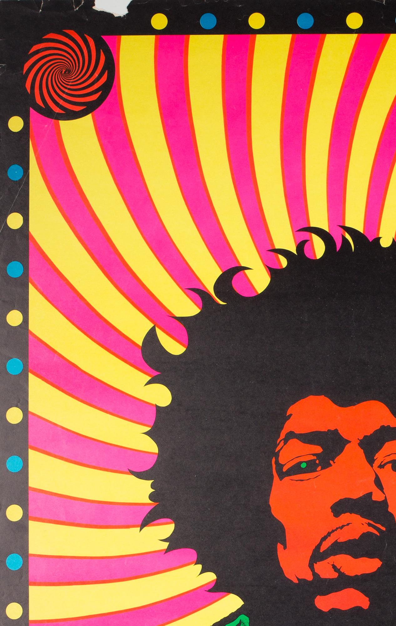 Wonderfully psychedelic Jimi Hendrix Blacklight poster from 1960s printed with inks which fluoresce under a black light (UV)!

This vintage offset lithograph is sized 22 x34 inches and in rolled excellent condition.


 