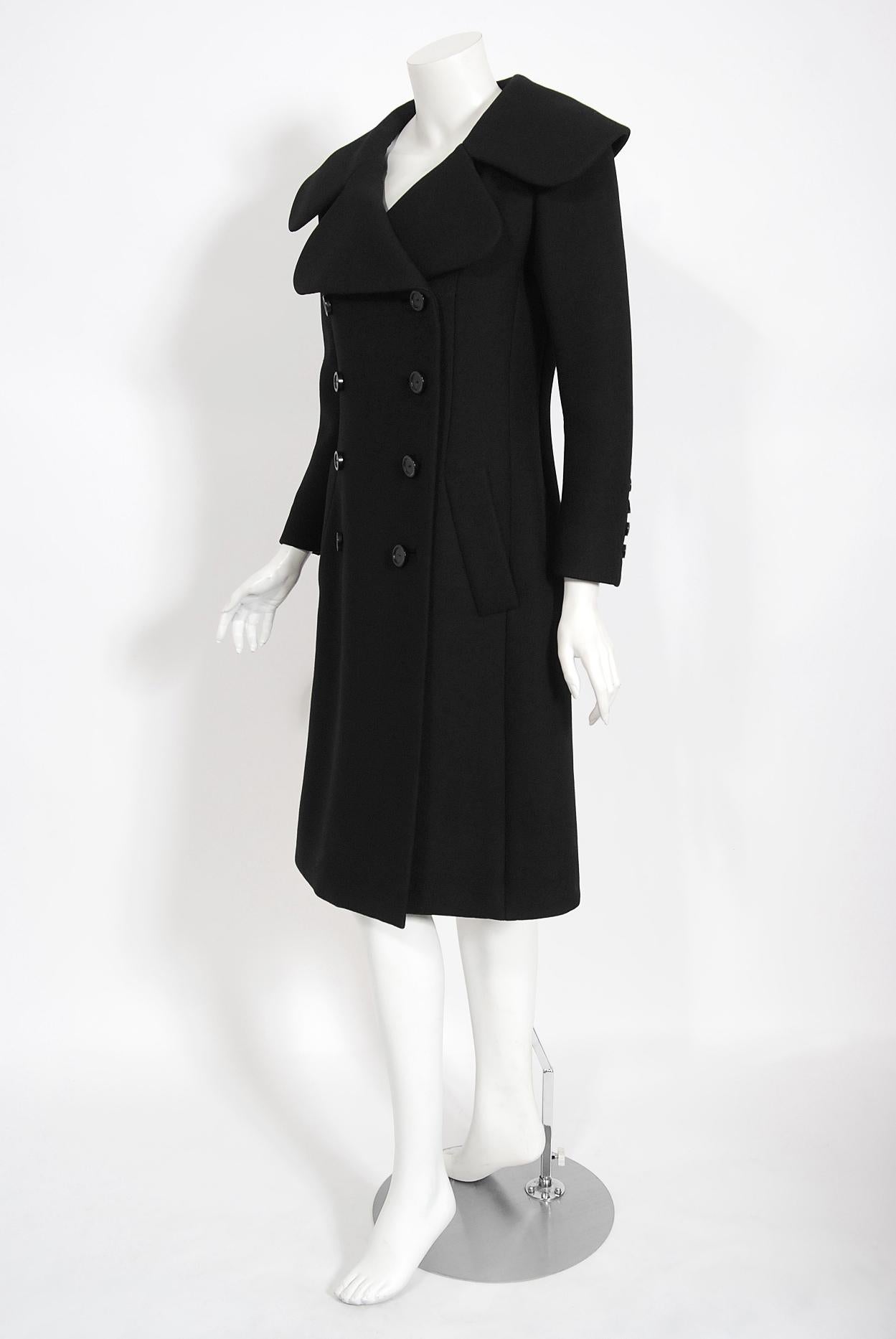Women's Vintage 1968 Norman Norell Black Wool Over-Sized Collar Double Breasted Mod Coat