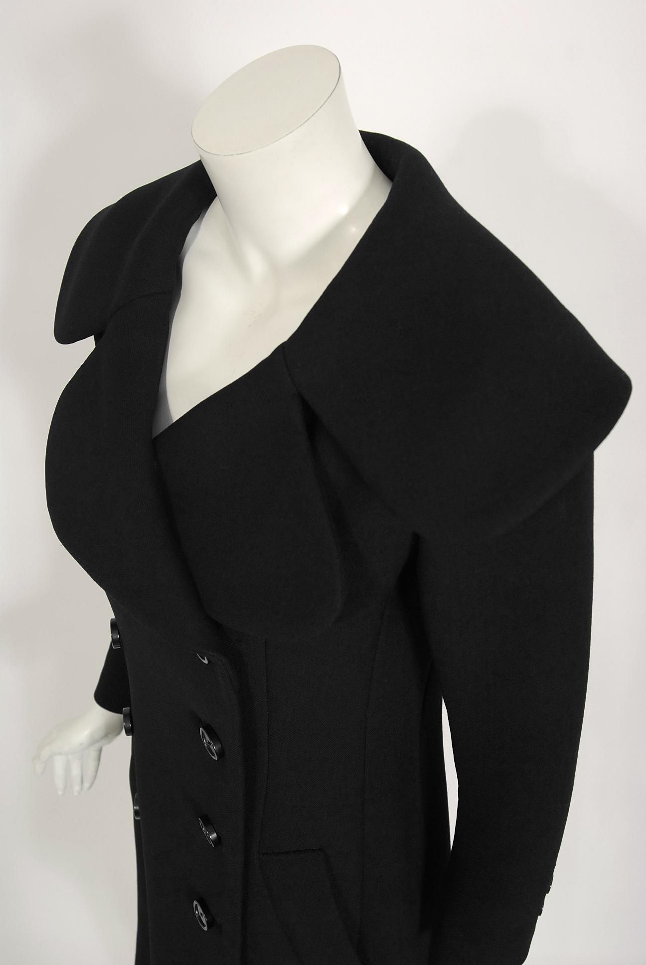 Vintage 1968 Norman Norell Black Wool Over-Sized Collar Double Breasted Mod Coat 1