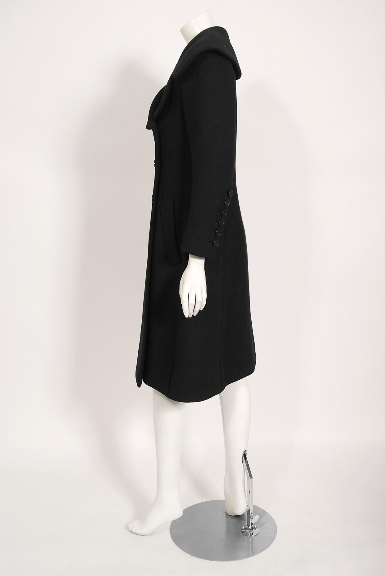 Vintage 1968 Norman Norell Black Wool Over-Sized Collar Double Breasted Mod Coat 2