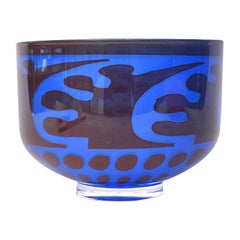 Vintage 1968 Orrefors Graal Glass Bowl by Gunnar Cyren Cobalt Blue Abstract Form