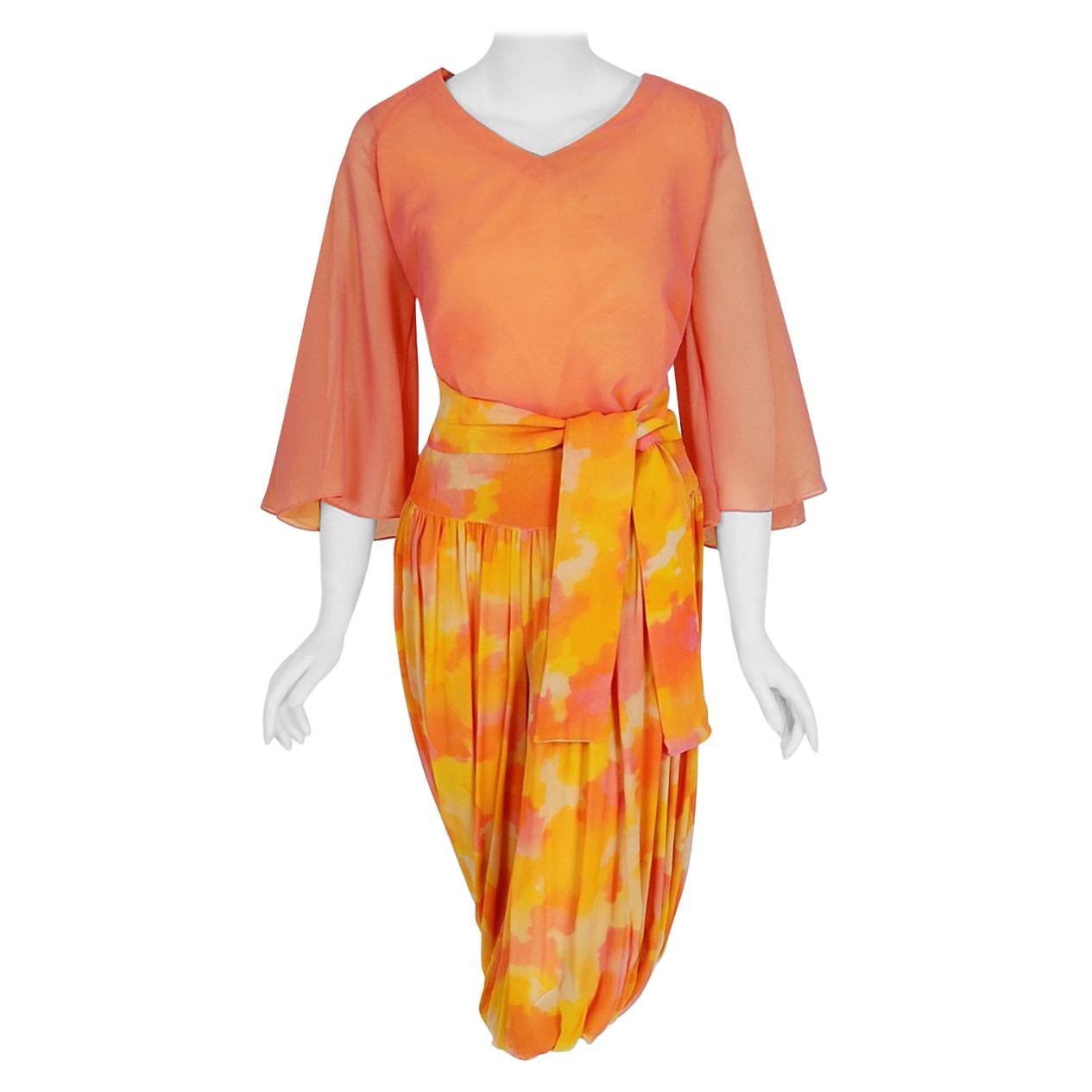 Vintage 1968 Phyllis Diller Documented Pink Yellow Chiffon Harem Pants 
Blouse