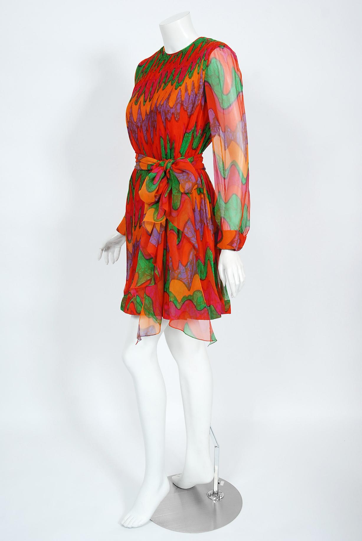 Vintage 1968 Pierre Cardin Colorful Psychedelic Pleated Chiffon Mod Mini Dress 6