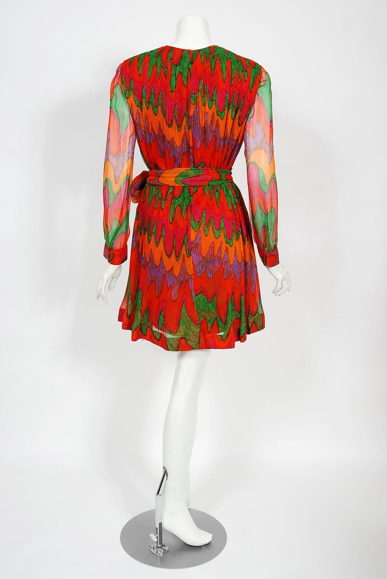 Vintage 1968 Pierre Cardin Colorful Psychedelic Pleated Chiffon Mod Mini Dress 8
