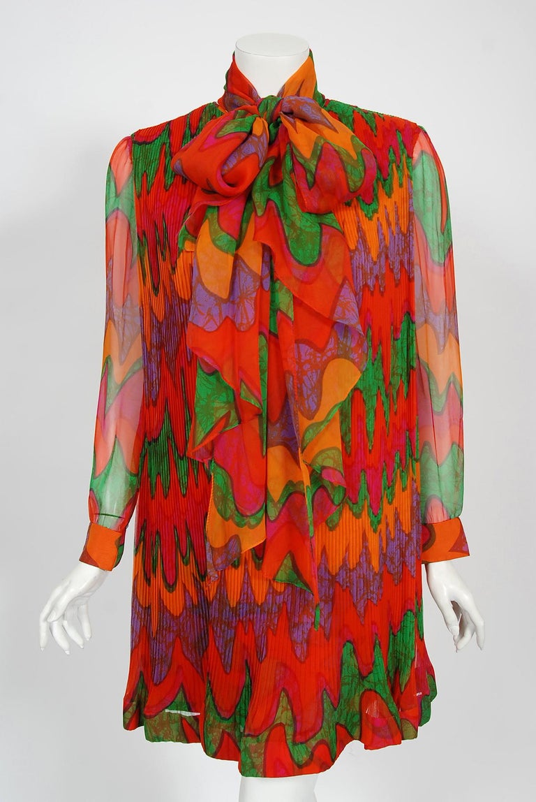 Red Vintage 1968 Pierre Cardin Colorful Psychedelic Pleated Chiffon Mod Mini Dress