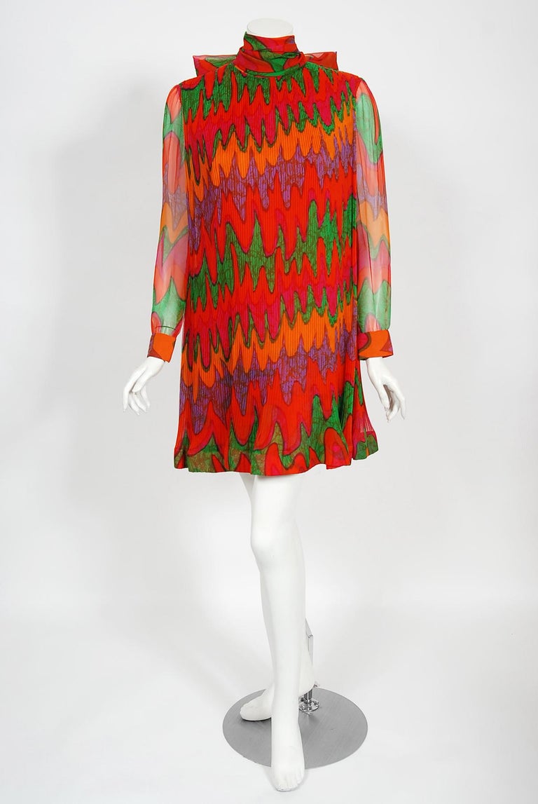 Women's Vintage 1968 Pierre Cardin Colorful Psychedelic Pleated Chiffon Mod Mini Dress