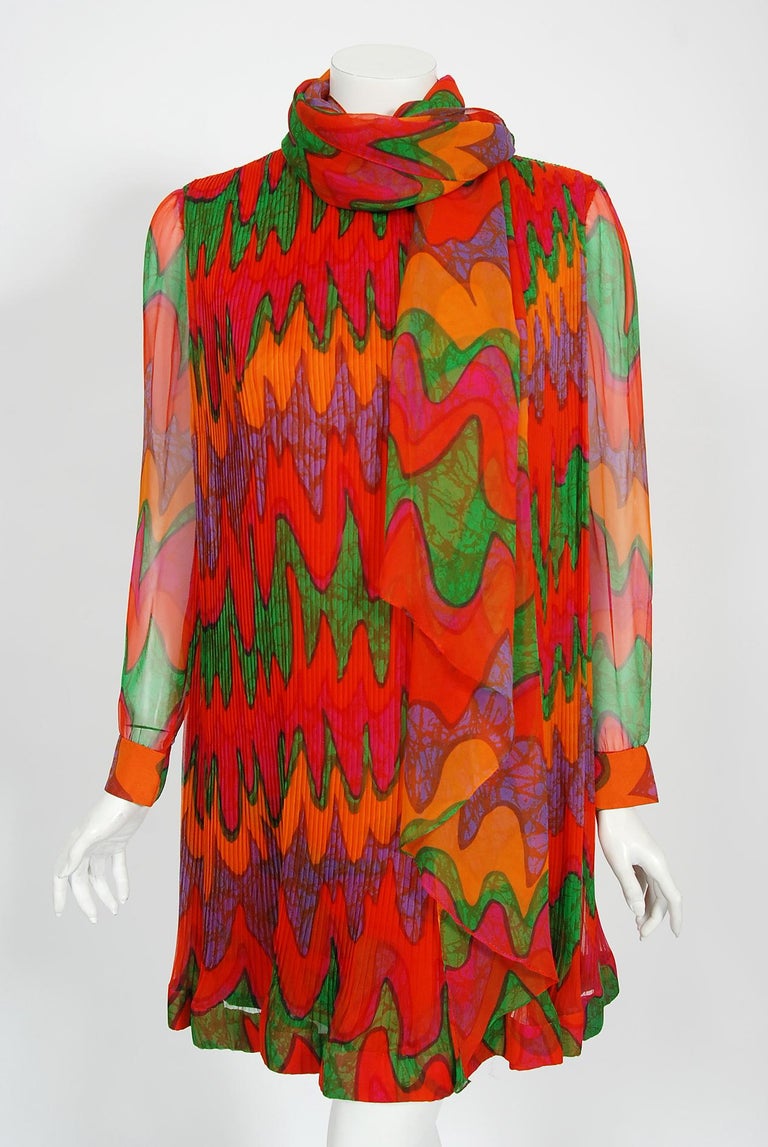 Vintage 1968 Pierre Cardin Colorful Psychedelic Pleated Chiffon Mod Mini Dress 3