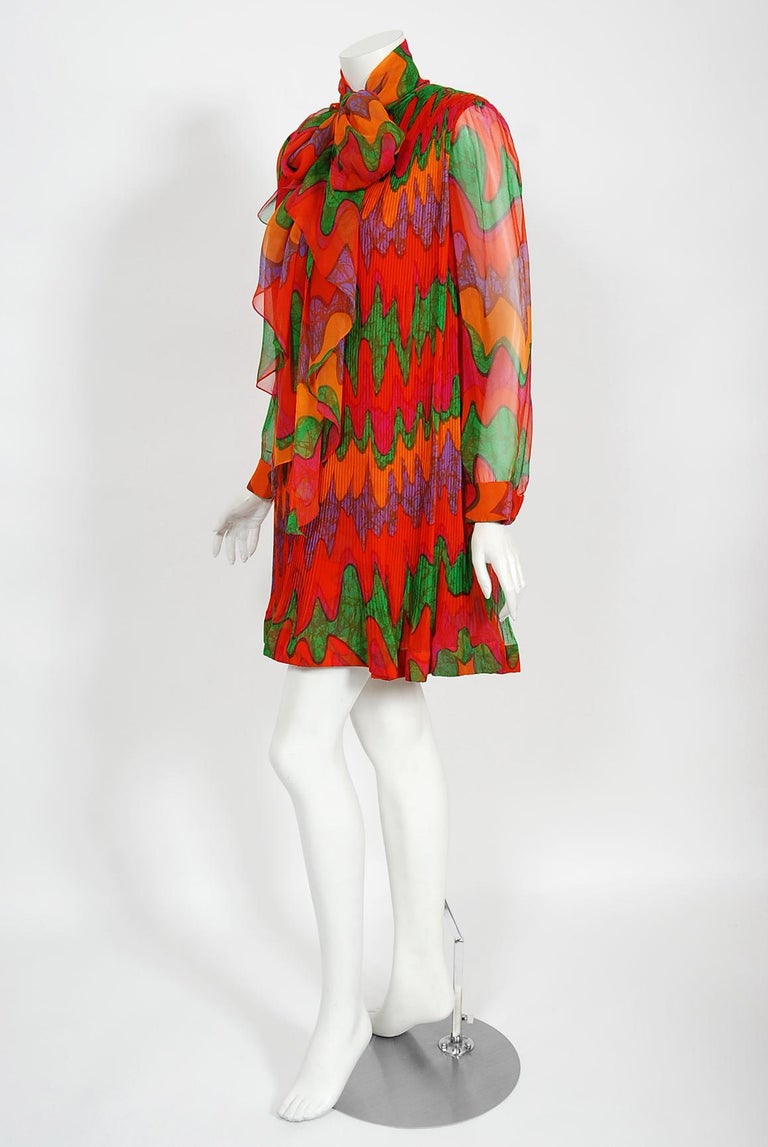 Vintage 1968 Pierre Cardin Colorful Psychedelic Pleated Chiffon Mod Mini Dress 4