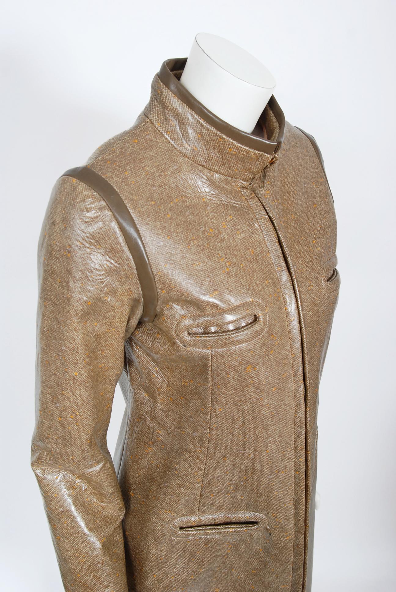 Vintage 1968 Pierre Cardin Documented Vinyl Tweed Space-Age Mod Trench Jacket  For Sale 2