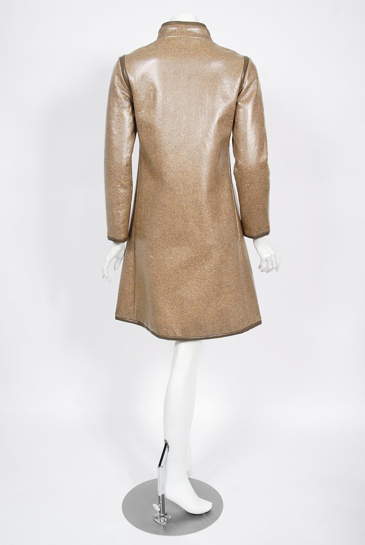 Vintage 1968 Pierre Cardin Documented Vinyl Tweed Space-Age Mod Trench Jacket  For Sale 3