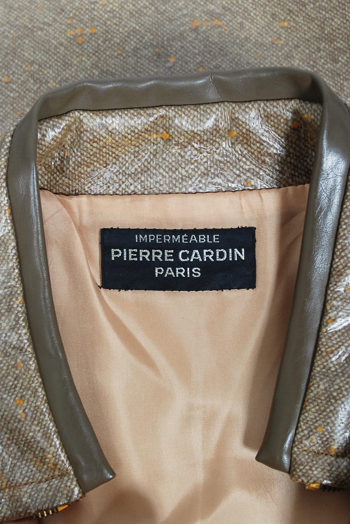 Vintage 1968 Pierre Cardin Documented Vinyl Tweed Space-Age Mod Trench Jacket  For Sale 4