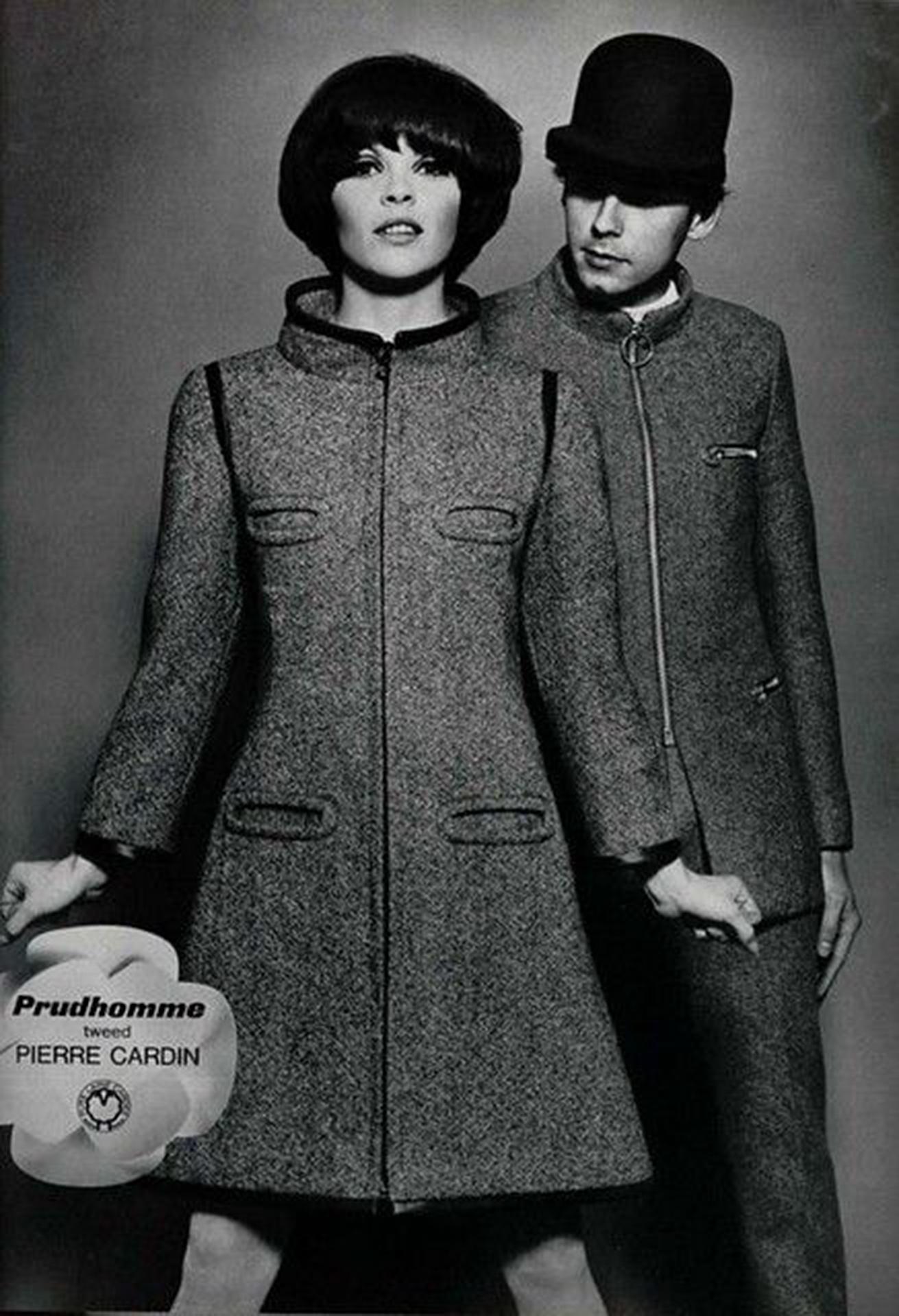 A marvelous Pierre Cardin documented vinyl coated tweed mod trench jacket dating back to his beloved 1968 collection. In 1951 Cardin opened his own couture house and by 1957, he started a ready-to-wear line; a bold move for a French couturier at the