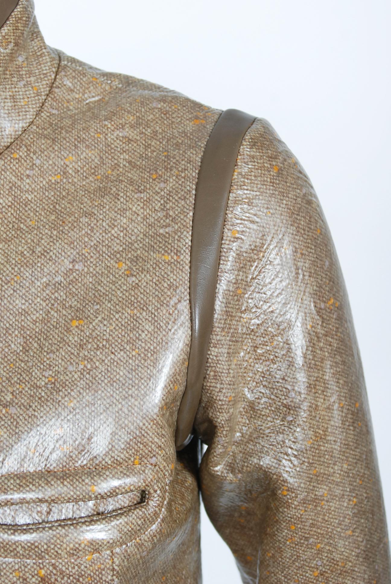 Brown Vintage 1968 Pierre Cardin Documented Vinyl Tweed Space-Age Mod Trench Jacket  For Sale